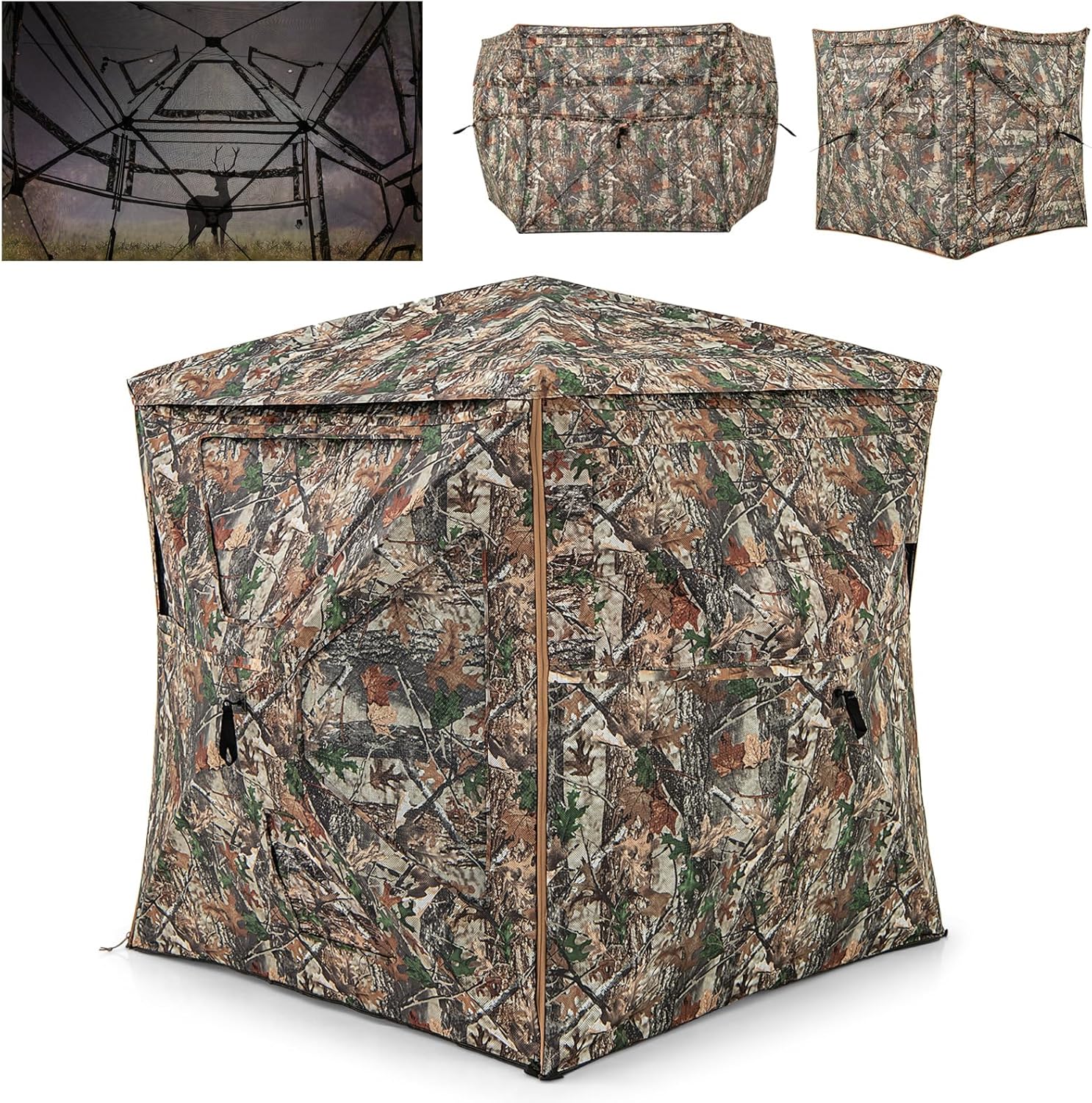 Tangkula 3-in-1 Hunting Blind for 2-4 Person, 360 Degree See Through Ground Blind with Skylight, Silent Slide Windows, Rainfly, Portable Pop Up Deer Blind for Turkey Duck Hunting, Camouflage
