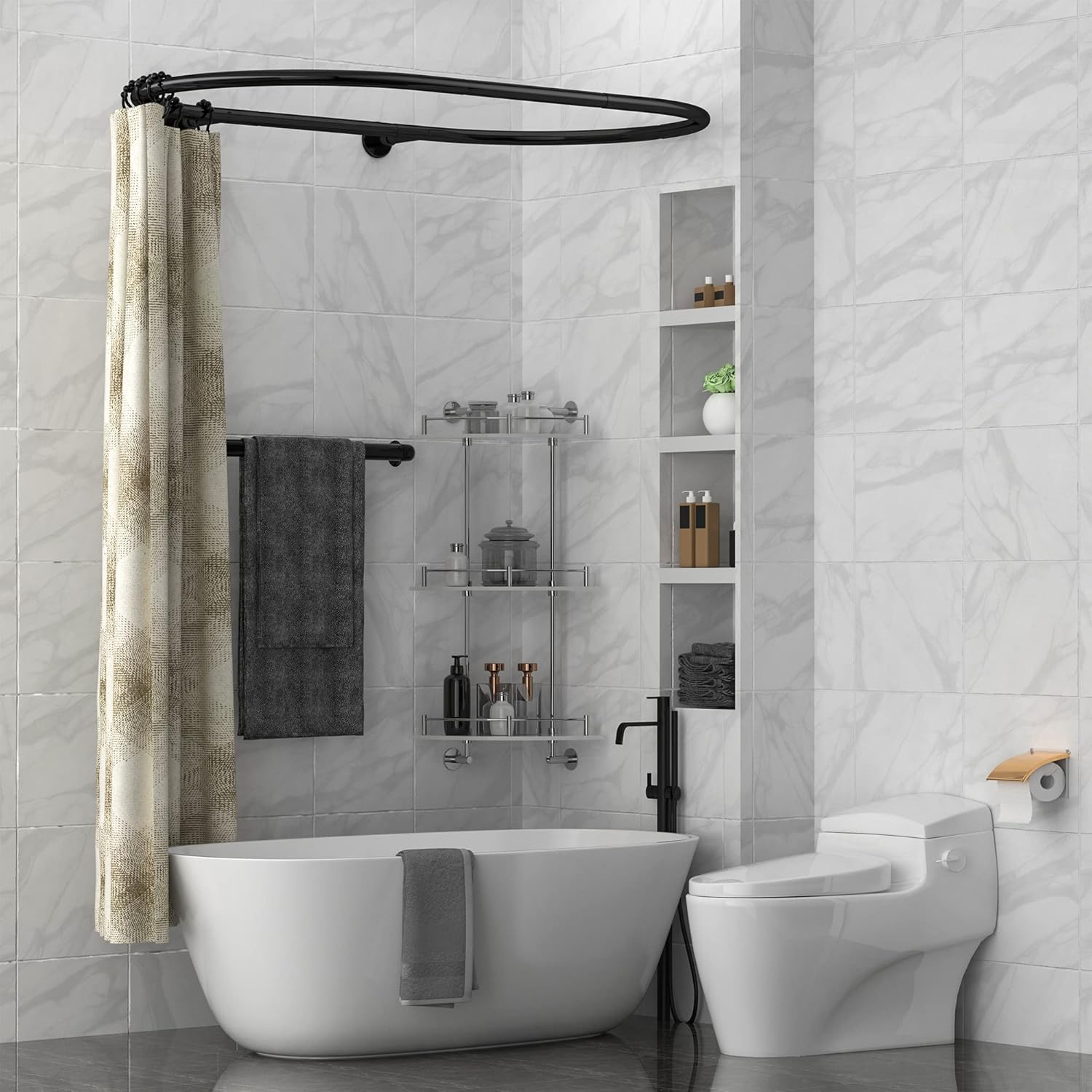 Aluminum Alloy Oval Shower Curtain Rod Hoop Square Shape Bathroom Rod for Clawfoot Tub Free Standing Tubs (Black: L 55", W 25")