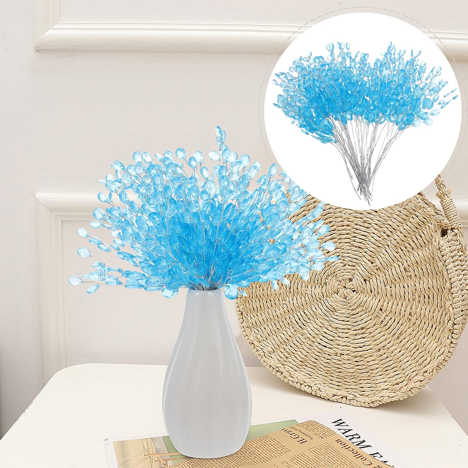 VOSAREA Flower Stems 50 Stems Artificial Bouquets Acrylic Bead Drops Flower Branches Bead Sprays for Wedding DIY Crafts (16cm, Blue) Floral Picks with Wire