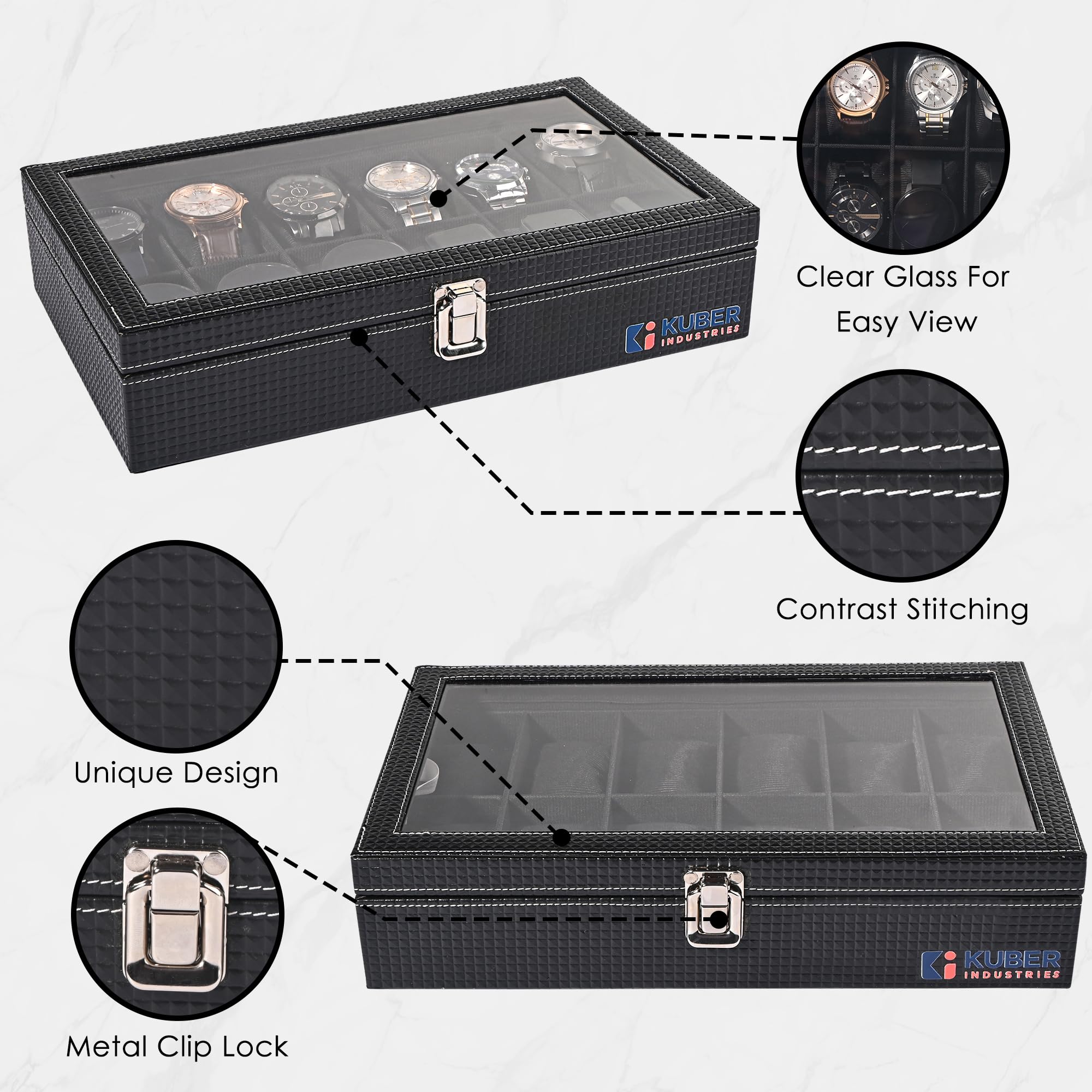 Kuber Industries Lot de 2 boîtes de rangement en similicuir transparent de qualité supérieure à 12 emplacements pour montres pour homme et femme | Boîte de rangement pour montres | Boîte de collection