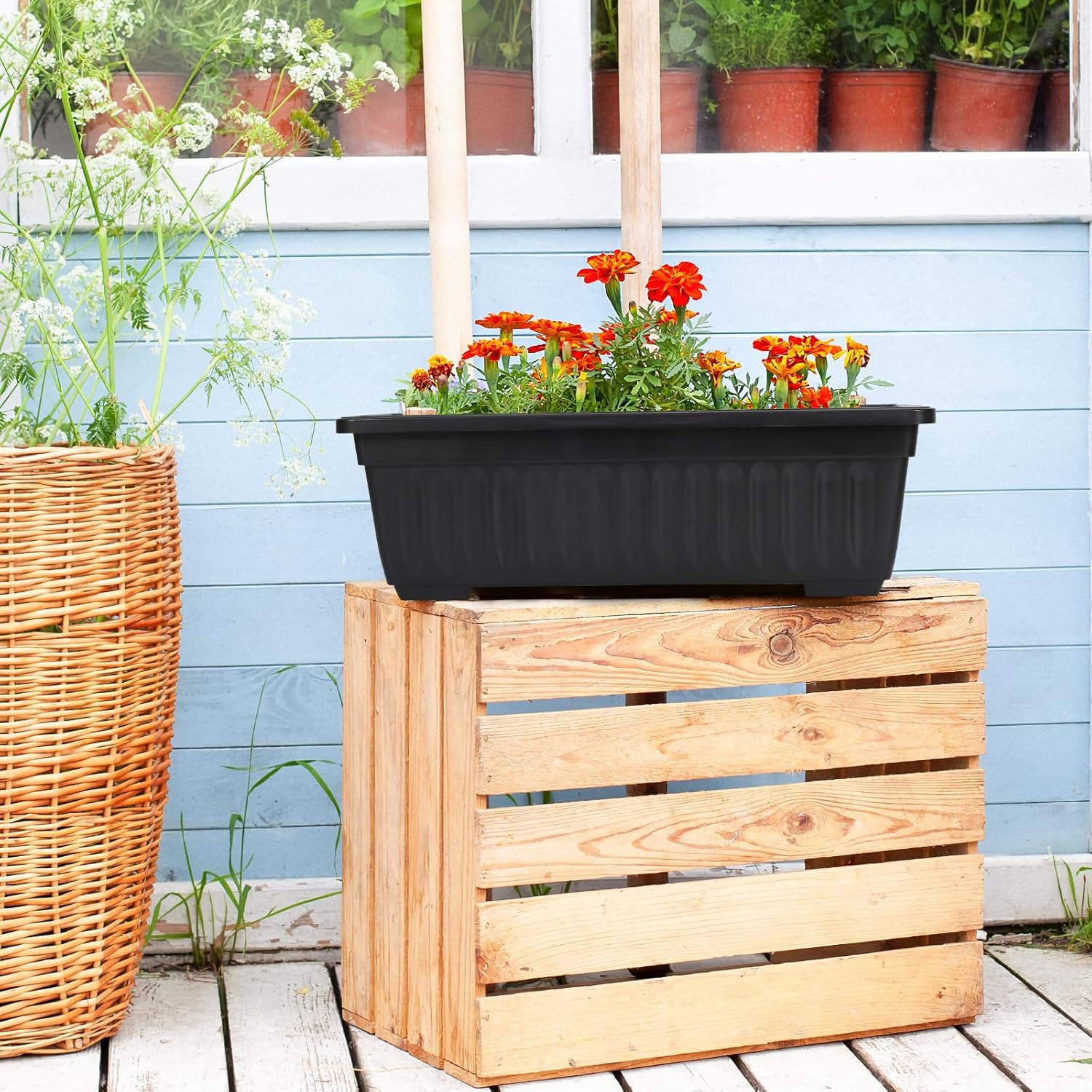 GREANER Rectangle Planters for Indoor Plants, 6 Pack 16.9x7.48 Inch Large Vegetable Flower Herb Window Boxes, Outdoor Plastic Growing Pots with Tray for House Windowsill Balcony Garden Use (Black)