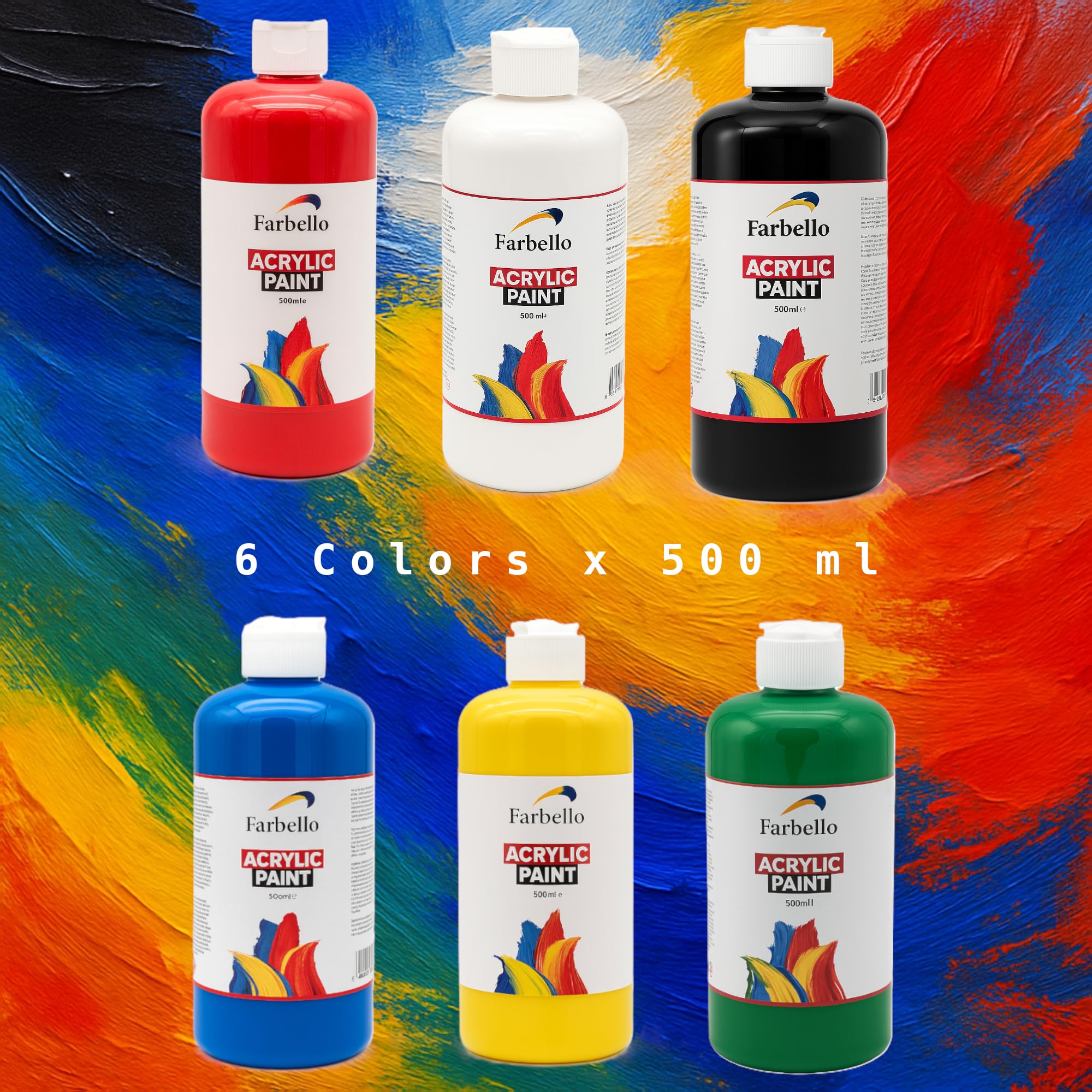 Pintura Acrílica 6x500 ml – Alta Pigmentación, Base Agua y Resistente al Agua – Calidad Profesional para Lienzo, Madera, Tela y Piedra (6 Colores)