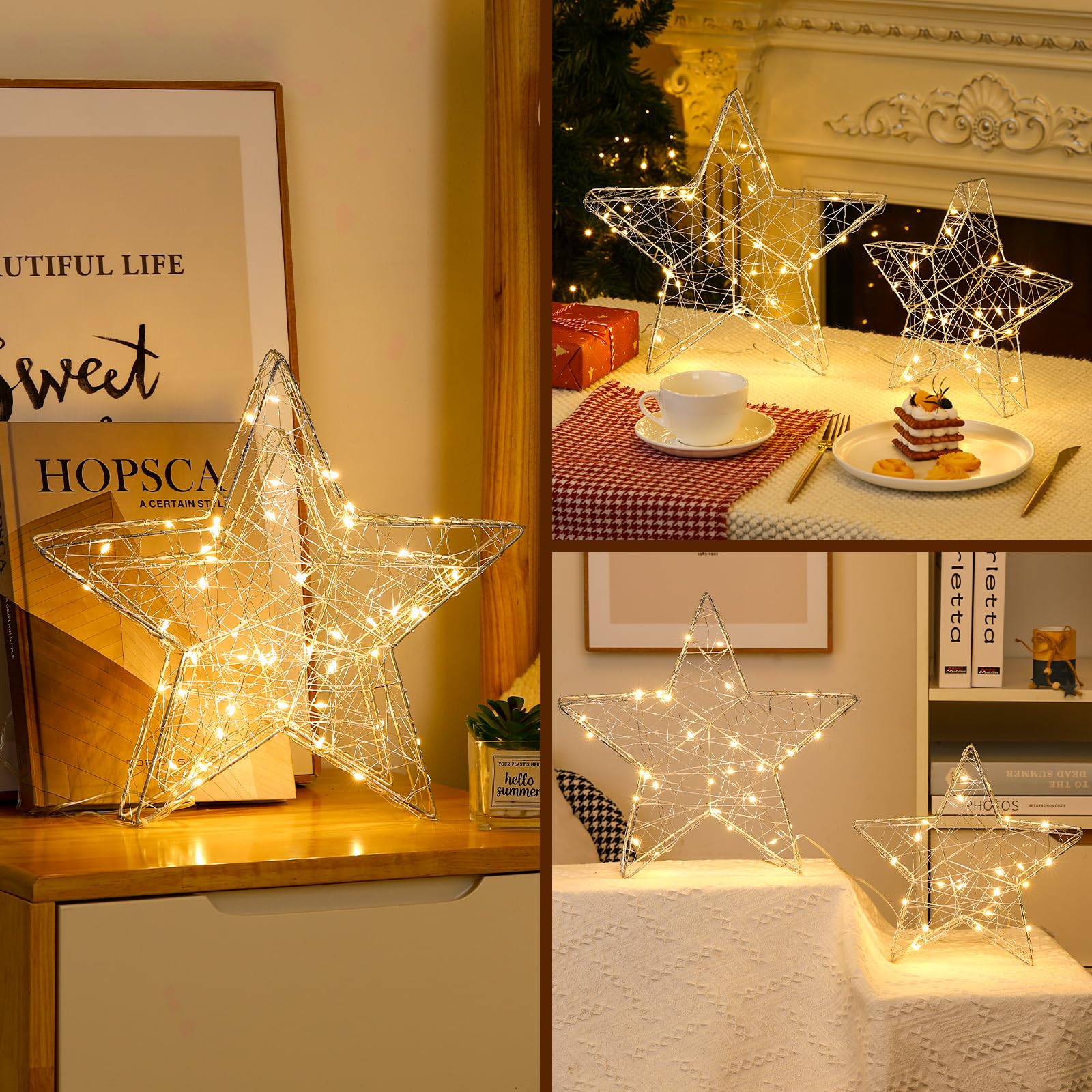 Lewondr Tischlampe, 2 Stück LED Sterne Deko mit Eisenrahmen, Silber | Weihnachten Nachttischlampe, Batteriebetrieben, Tischdeko Weihnachtsbeleuchtung Fenster Schlafzimmer Zuhause Büro