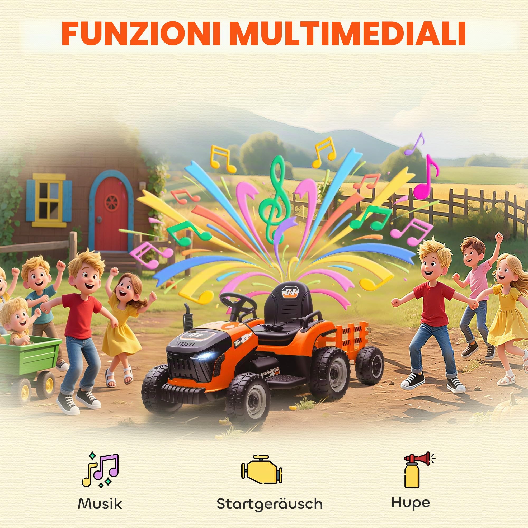 AIYAPLAY Trattore Elettrico Bambini Rimorchio 2 Motori 3-5 km/h Arancione | Trattore elettrico con telecomando, 3 velocità, musica, clacson, avvio morbido, suono avviamento, età 3-8.