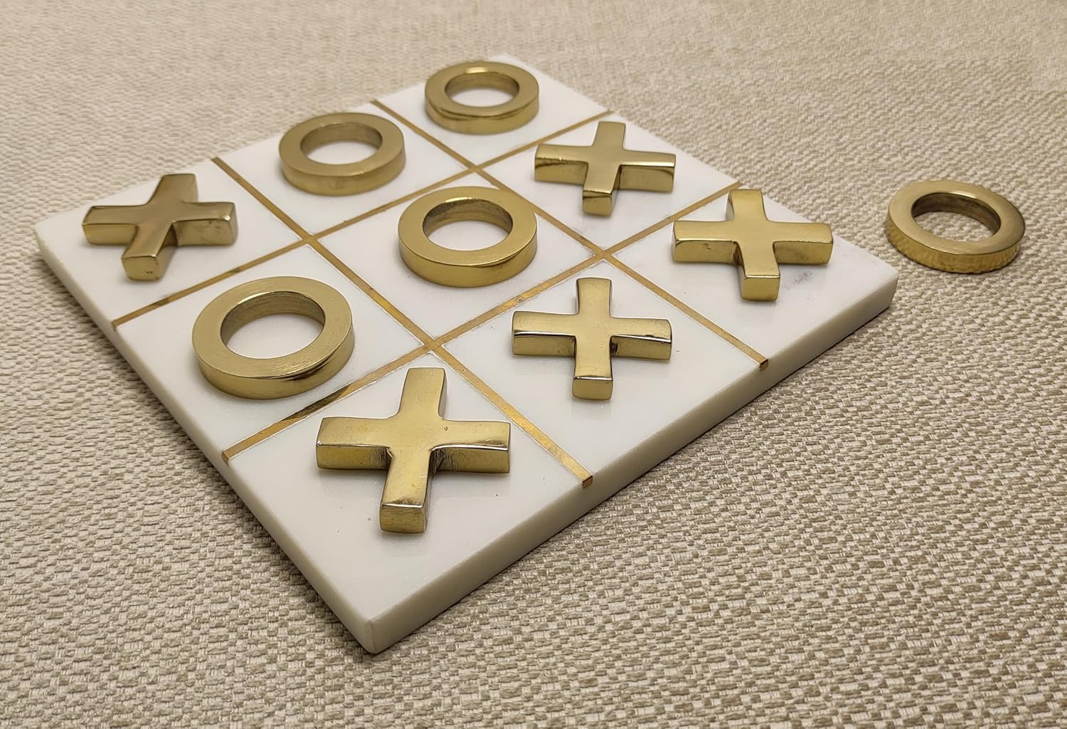 Marble Tic Tac Toe Game, 8x8 Premium Handcrafted Natural Marble Board Game, Modern Coffee Table and Home Decor, Perfect for Living Room, Unique Gift, Decorative Board Game Set, White and Gold XO