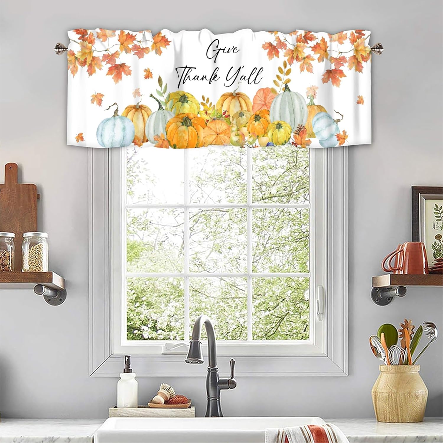 Fall Thanksgiving Maple Leaves Swag Curtain Set Valance for Windows,Autumn Pumpkin Window Treatments Short Swag Topper for Kitchen Windows Bathroom Bedroom,28 x 36 Inch