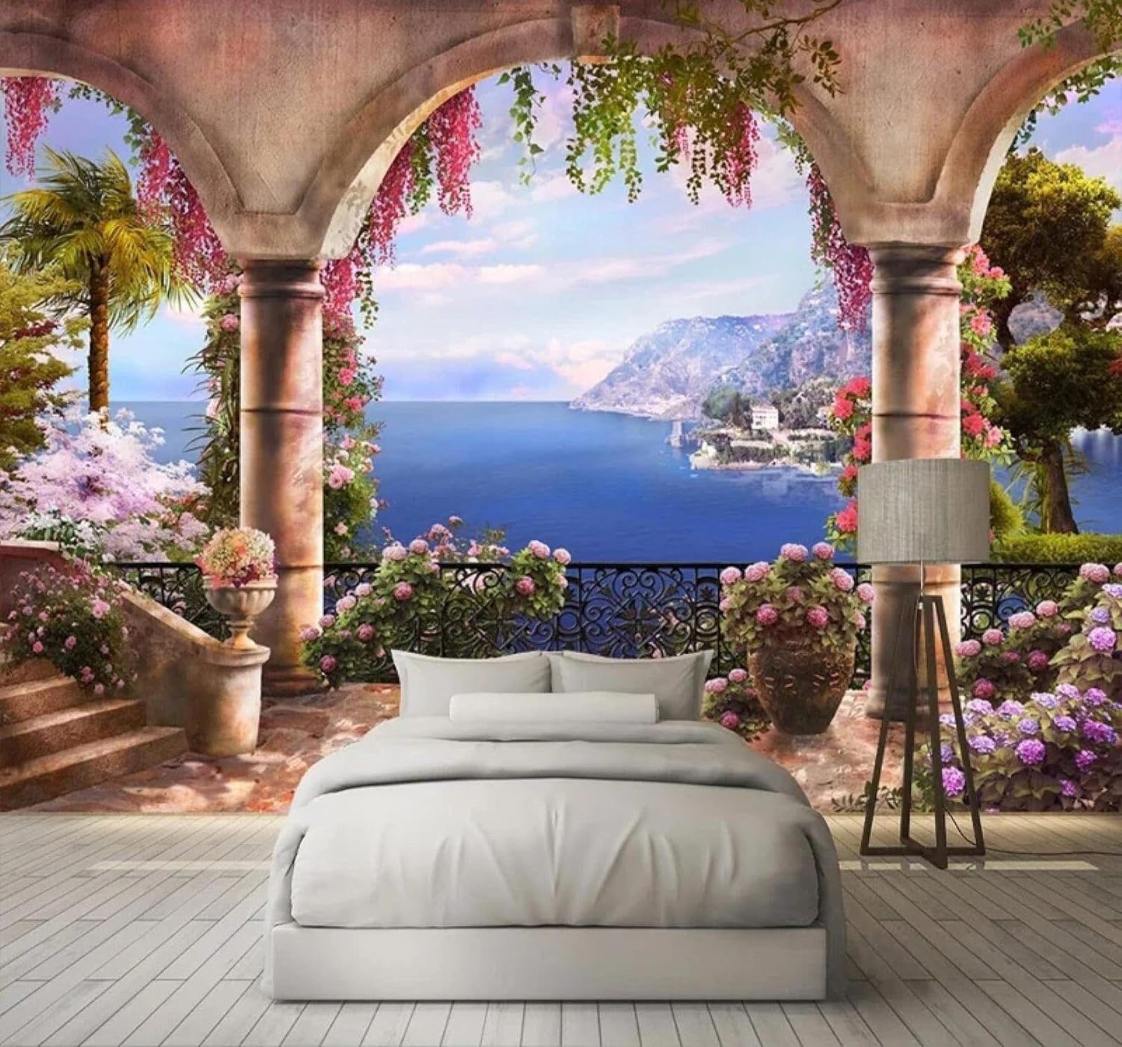 Tzxztt Beautiful Garden Balcony Landscape Sea View Modern 3D Wallpaper Premium Textured Silk Neutral Tones Material Ideal for Living Room Bedroom-300cm×210cm