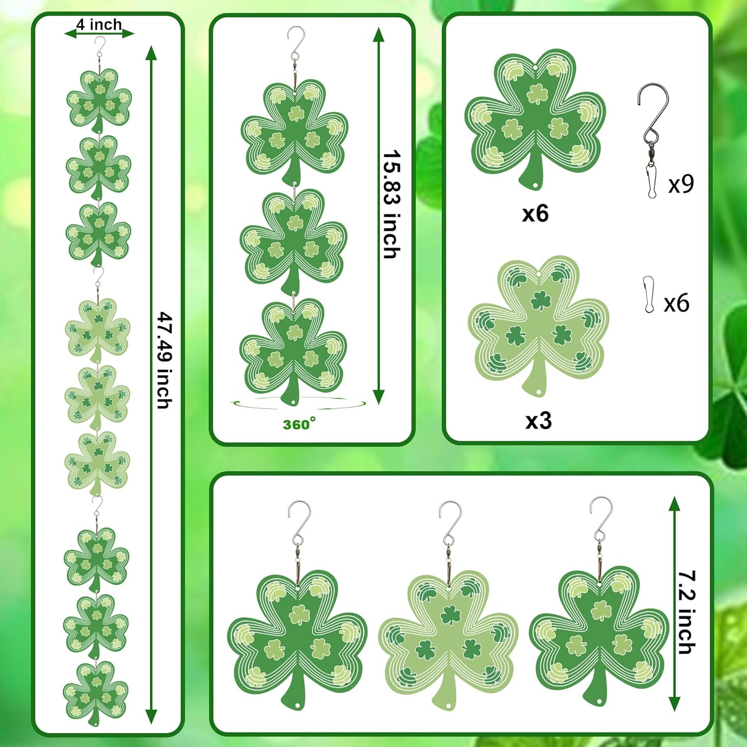 ウィンドスピナーアウトドア、鳥よけ、3Dクローバー吊り下げ、15インチ、キネティック、ステンレススチールメタル、屋内および屋外の装飾