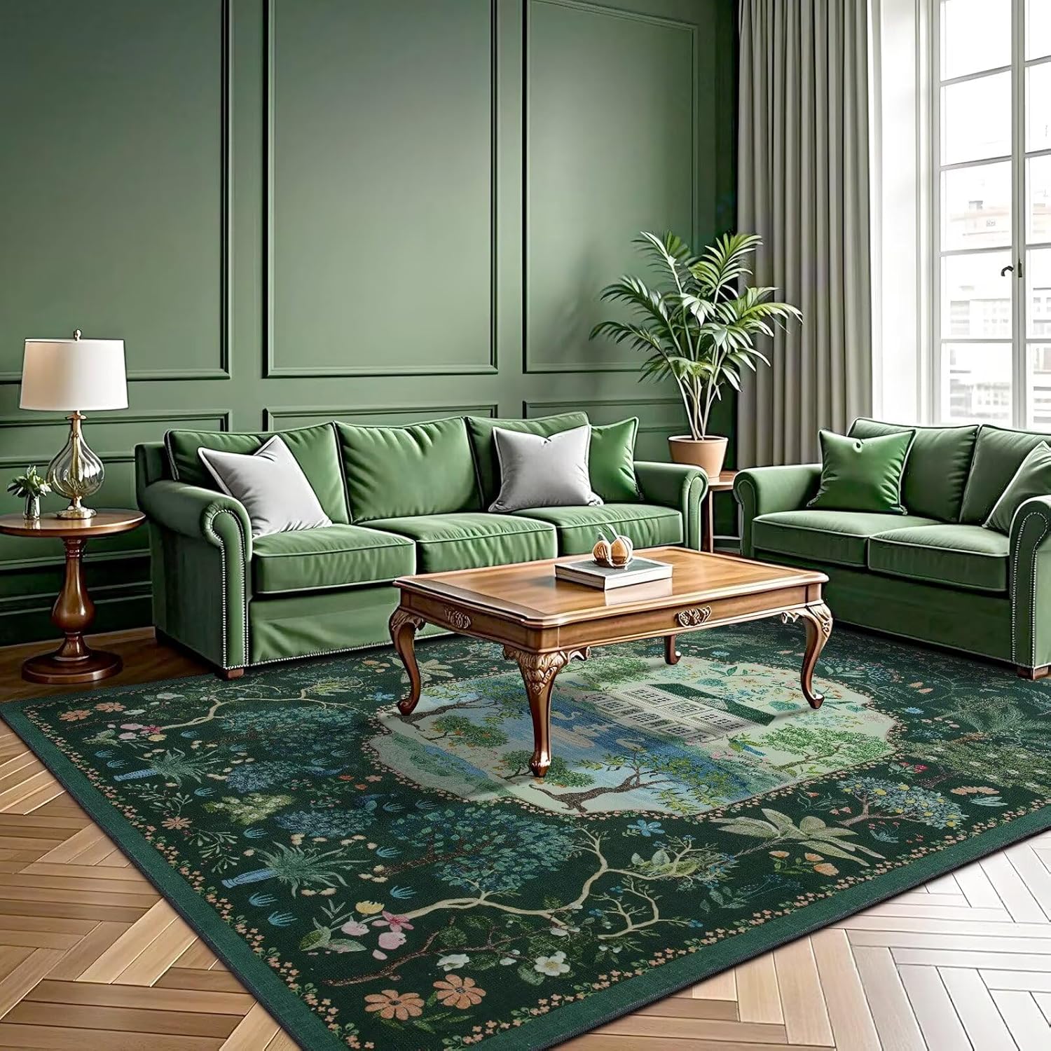 Vasofe 5x7 Living Room Rug,Washable Rugs for Bedroom, Dining Room, Indoor Floor Mat, Jungle Animal Floral Mats for Study Room, Farmhouse, Laundry Room, Non Slip Low Pile Soft Modern Carpet, Green
