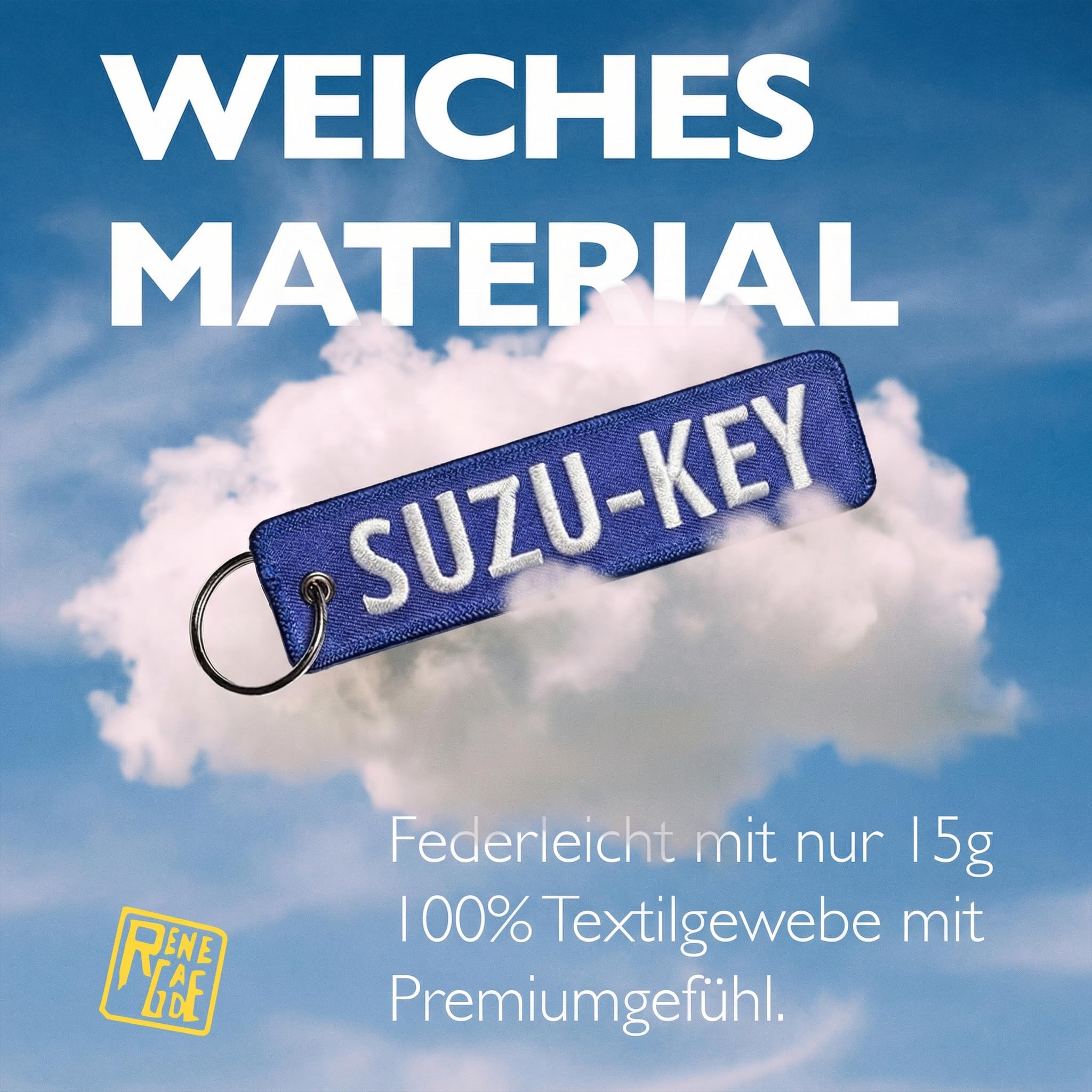 RENEGADE® Breloczek do kluczy motocyklowych z materiału z kółkiem na klucze, haftowany i odporny na zarysowania - 130 x 30 mm, czarny - (SUZU-KEY), niebieski, 130 x 30 mm
