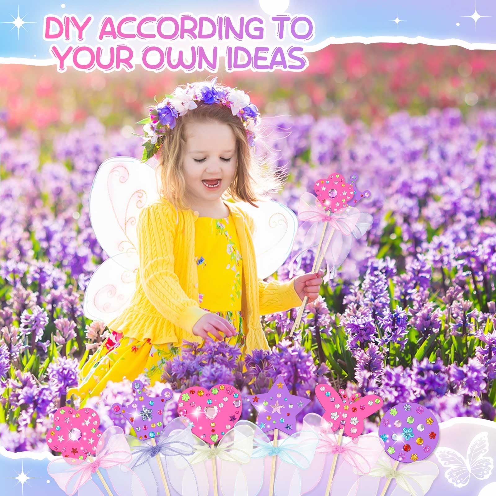Juexica Il kit da 72 bacchette da principessa include 6 stili di accessori da principessa in legno non finiti, adesivi con gemme, nastri, per creare le tue bacchette per feste di compleanno per