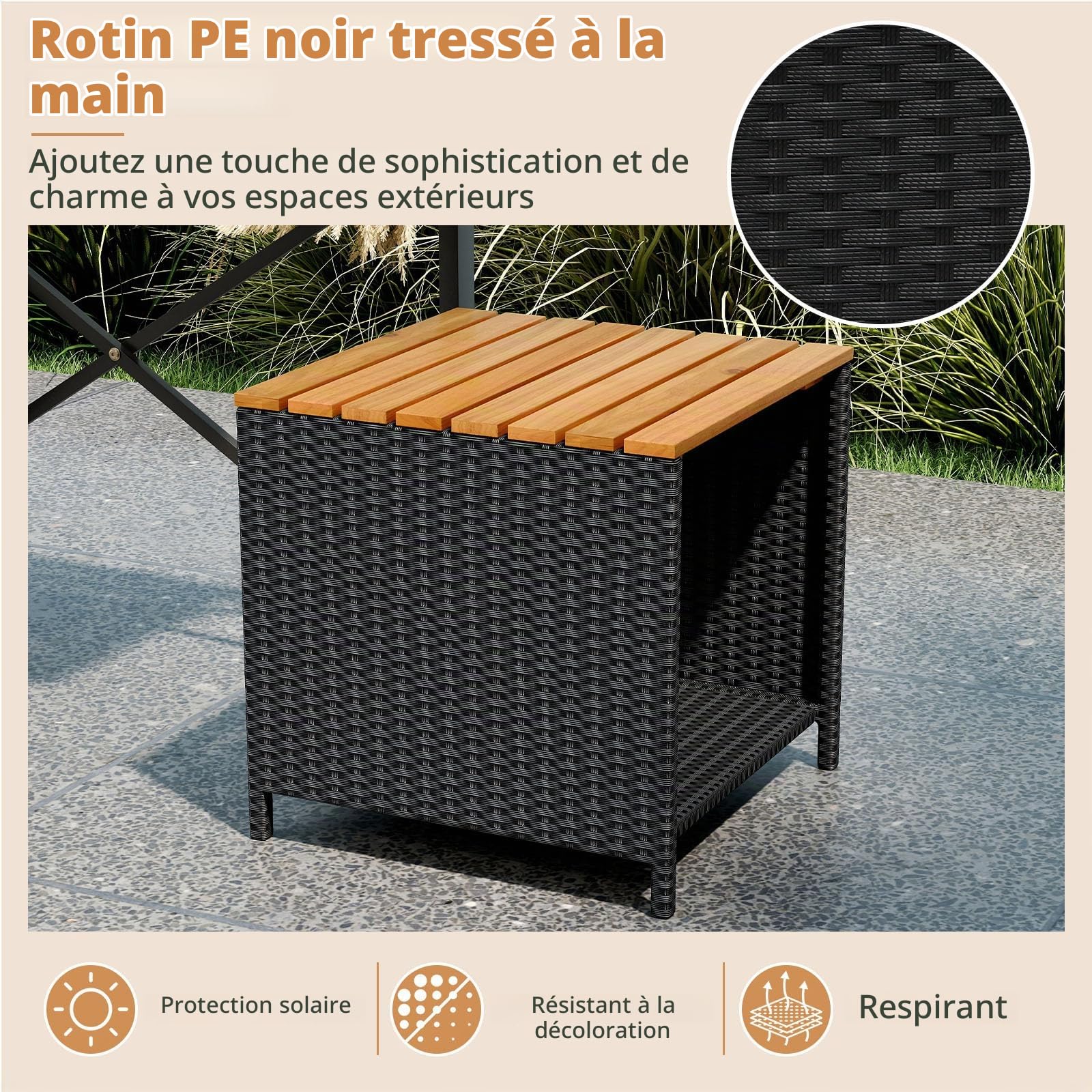 LIFEZEAL Ensemble Banc de Jardin 2 en 1, Banc Pliable et Table en Rotin et Bois d’Acacia, Gain de Place, Table de Pique-Nique Pliable Extérieur pour Porche, Jardin, Terrasse, Charge 360 kg (Noir)