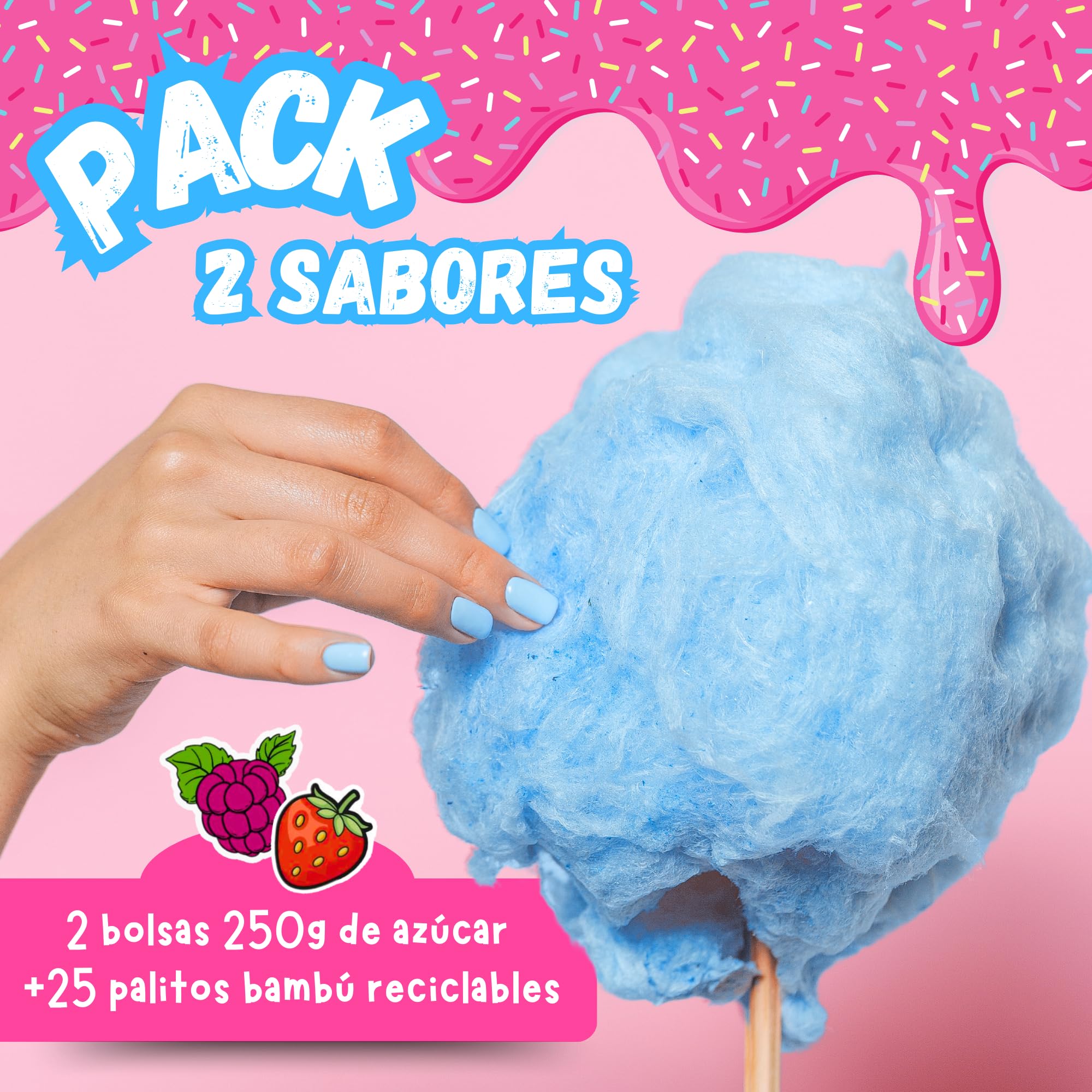 SIDRAL Azucar para Máquina Algodón (2x 250 gr) con 25 Palitos Reciclables para Degustación - Lote de 2 Sabores (Fresa, Frambuesa), Azúcar para Algodón de Azúcar PINTALENGUAS - Ideal para Fiestas
