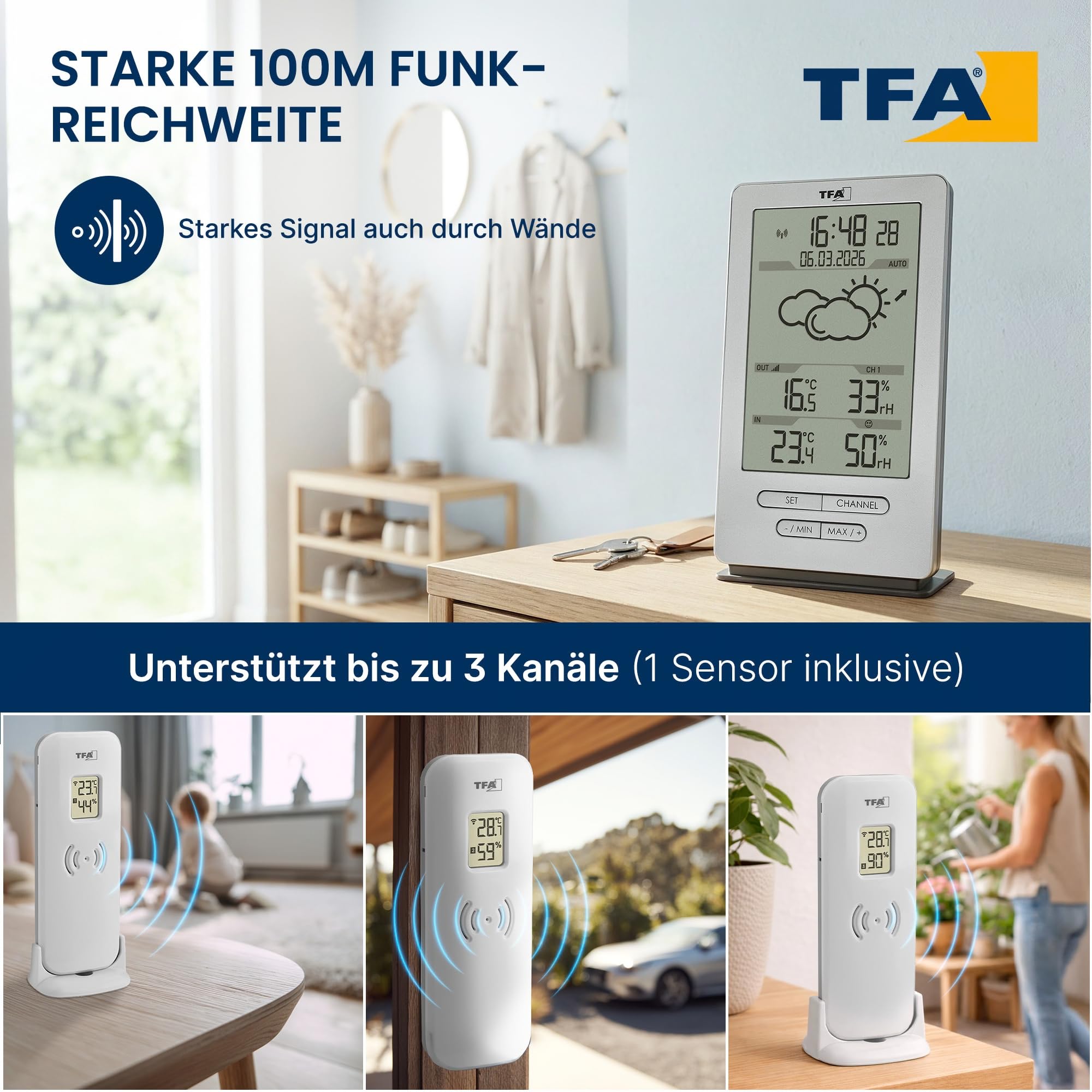 TFA Dostmann Funk Wetterstation Xena, 35.1162.54, mit Außensensor, Innen und Außentemperatur messen, mit Wettervorhersage, inkl Funkuhr, Luftfeuchtigkeit, batteriebetrieben, silber