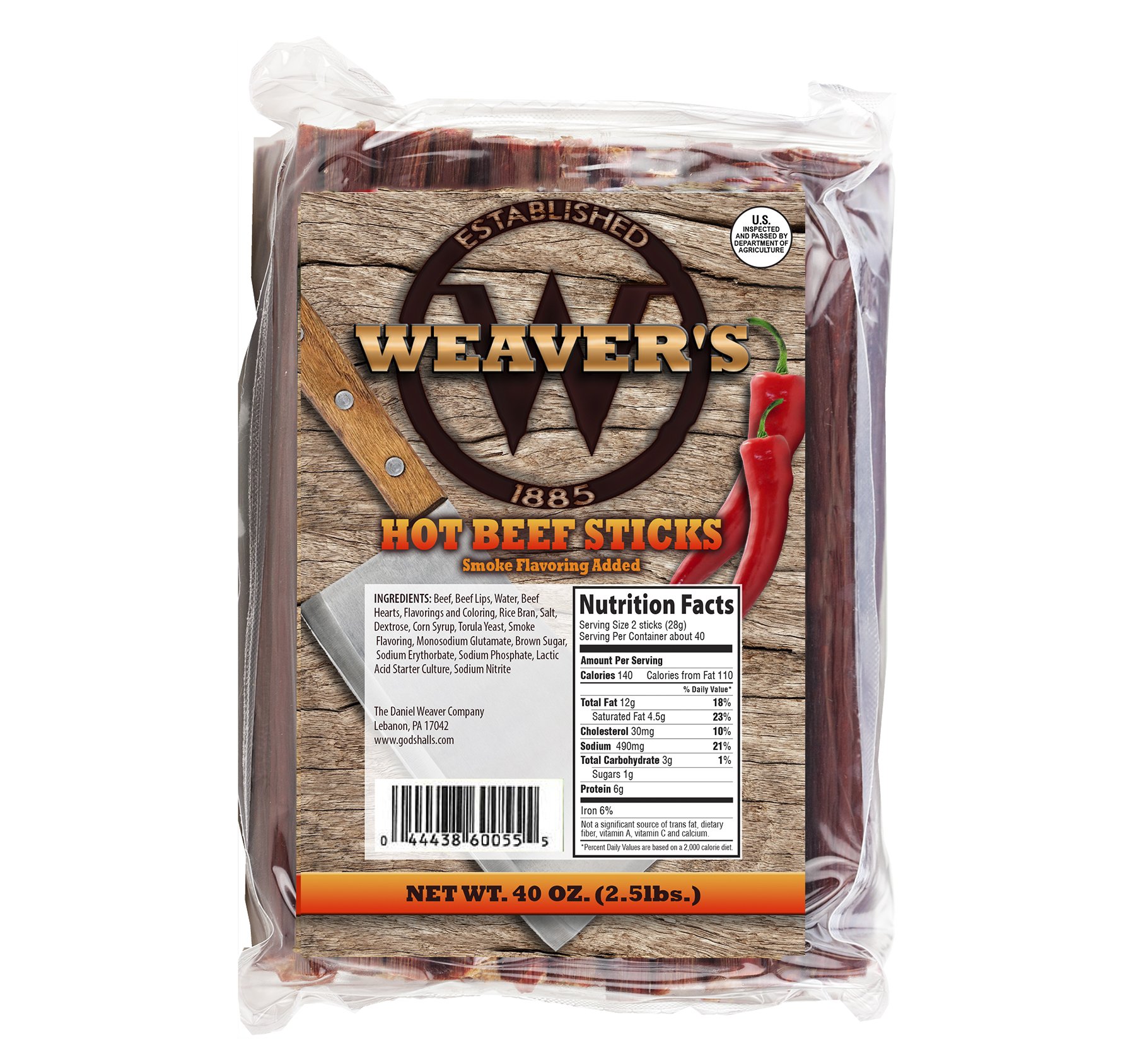 WEAVER'SSmoked Meats 7" Meat Sticks- Established in 1885 (Hot Beef, 2.5 lbs.)