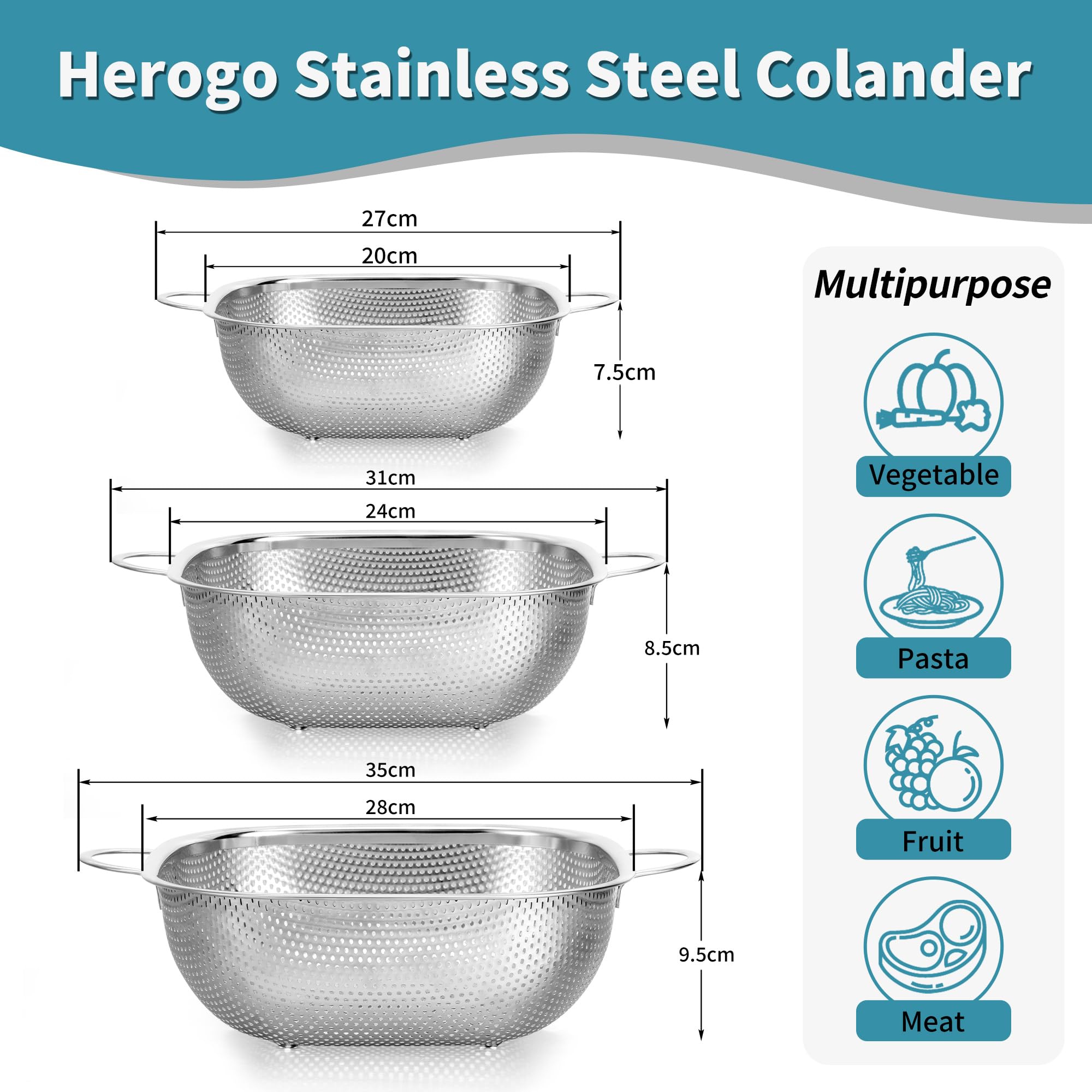 Herogo Set di 3 colini quadrati in acciaio inox per cucina | Colino da cucina in metallo con piedini rialzati, ideale per scolare/scolare/pulire verdura/pasta/frutta