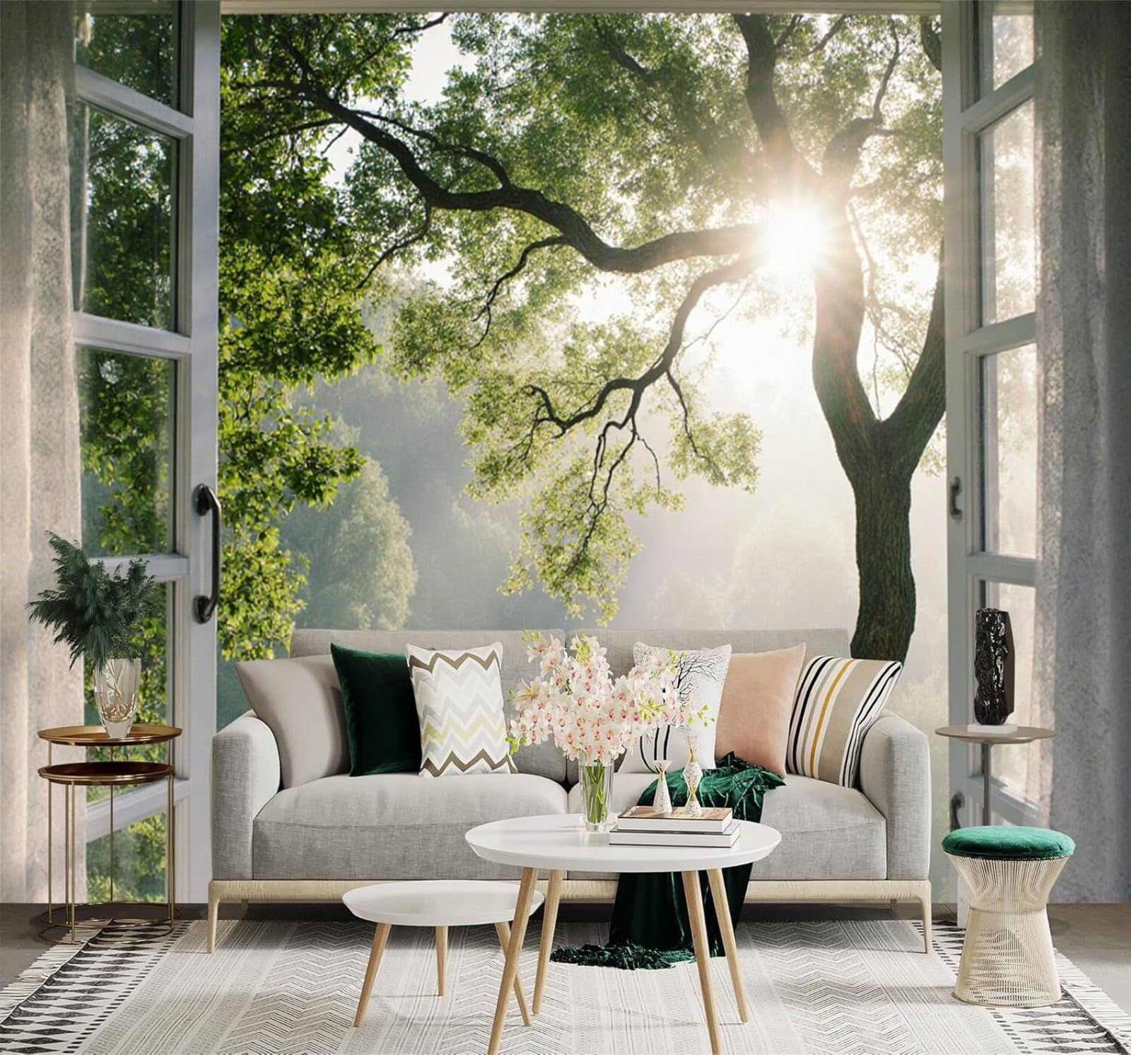 XLMING Window Sunlight Freshness Forest Green Trees 3D Wallpaper Premium Textured Silk Study Dining Living Room Bedroom Sofa TV Wall Easy Install-250cm×170cm