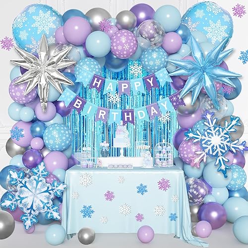 Ouddy Life Kit de arco de guirnalda de globos de Frozen, decoración de fiesta de cumpleaños congelada, cortina de flecos, confeti azul, morado,