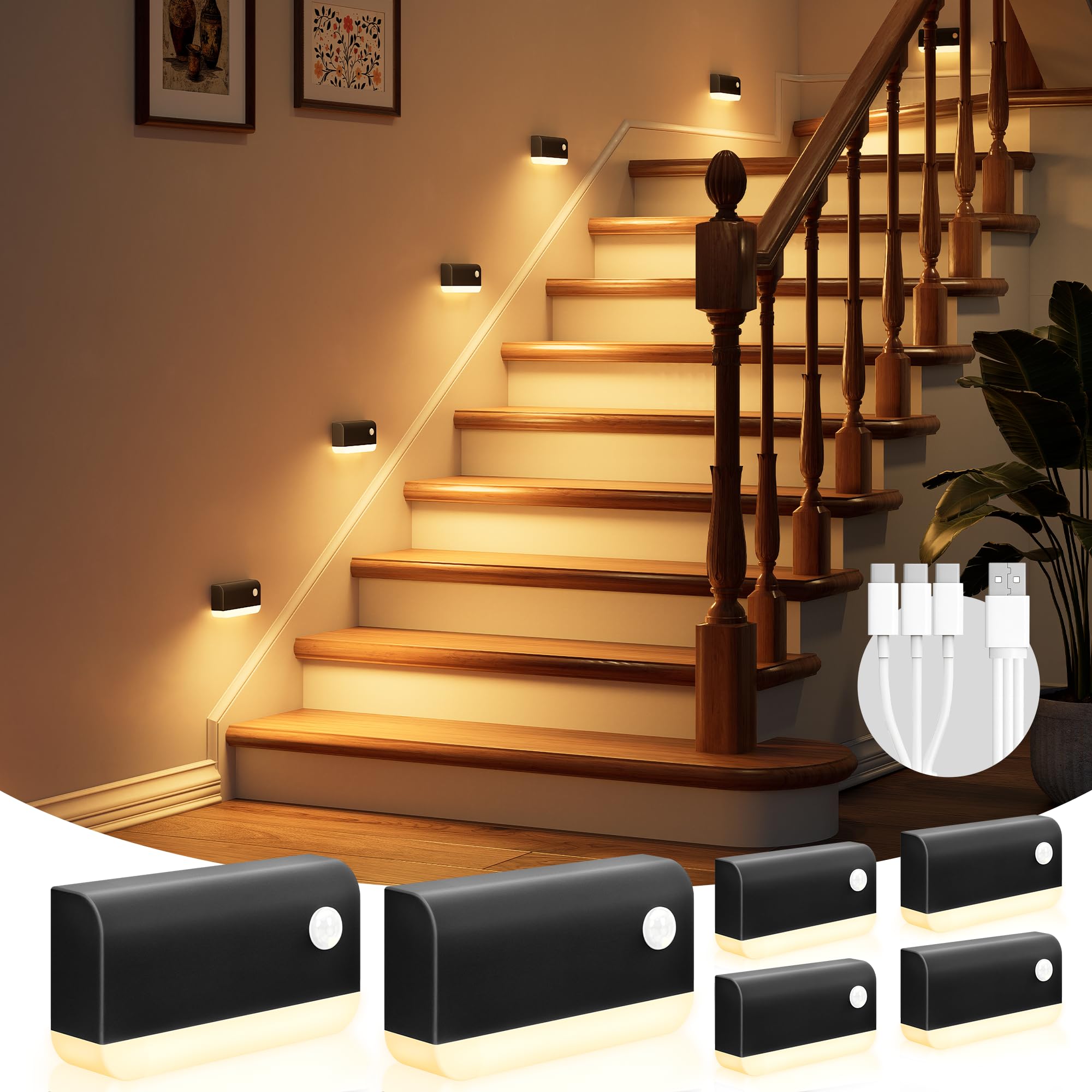 VOLISUN 6 Stück Nachtlicht mit Bewegungsmelder, 1200-mAh-Akku Treppenlicht mit Bewegungsmelder, Drahtlose magnetische LED Nachtlicht mit 3 Lichtmodi für Treppen, Schlafzimmer, Badezimmer (Schwarz)
