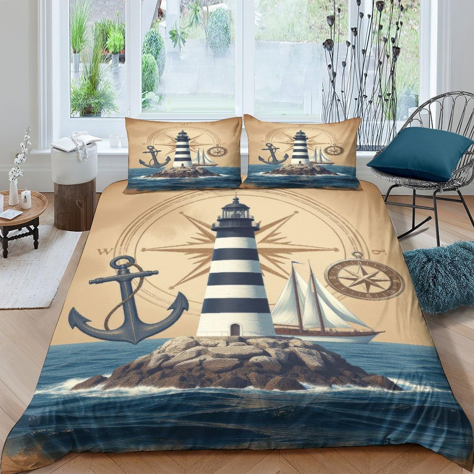 Ctjqhvkz Style-8 3D Printed Nautical Lighthouse Fitted Sheet Microfiber Anchor Sailboat Mattress Cover For Bedroom Guest Room Decor Single（135X200cm）