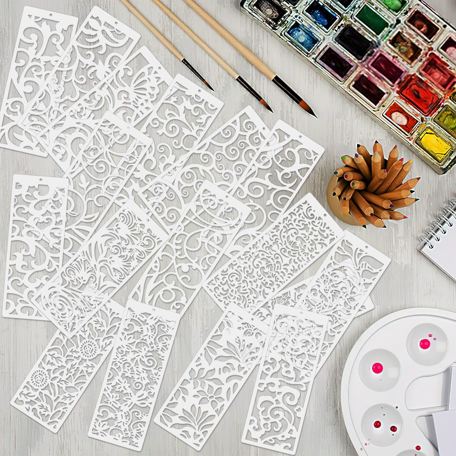 18 plantillas de borde de flores grandes para pintar, plantillas de plástico reutilizables para decoración de pasteles para hornear, plantillas de pintura de borde floral hueco para bricolaje, madera