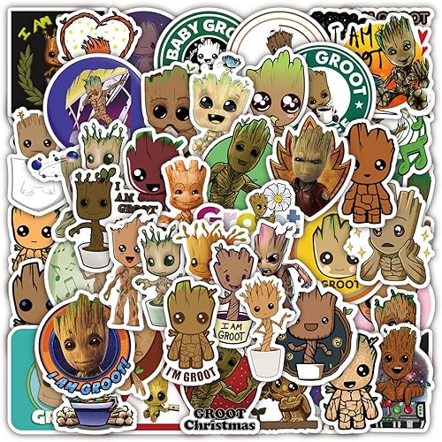 50 calcomanías Groot para botella de agua vinilo impermeable lindas calcomanías de película de dibujos animados para niños laptop tableta álbumes de