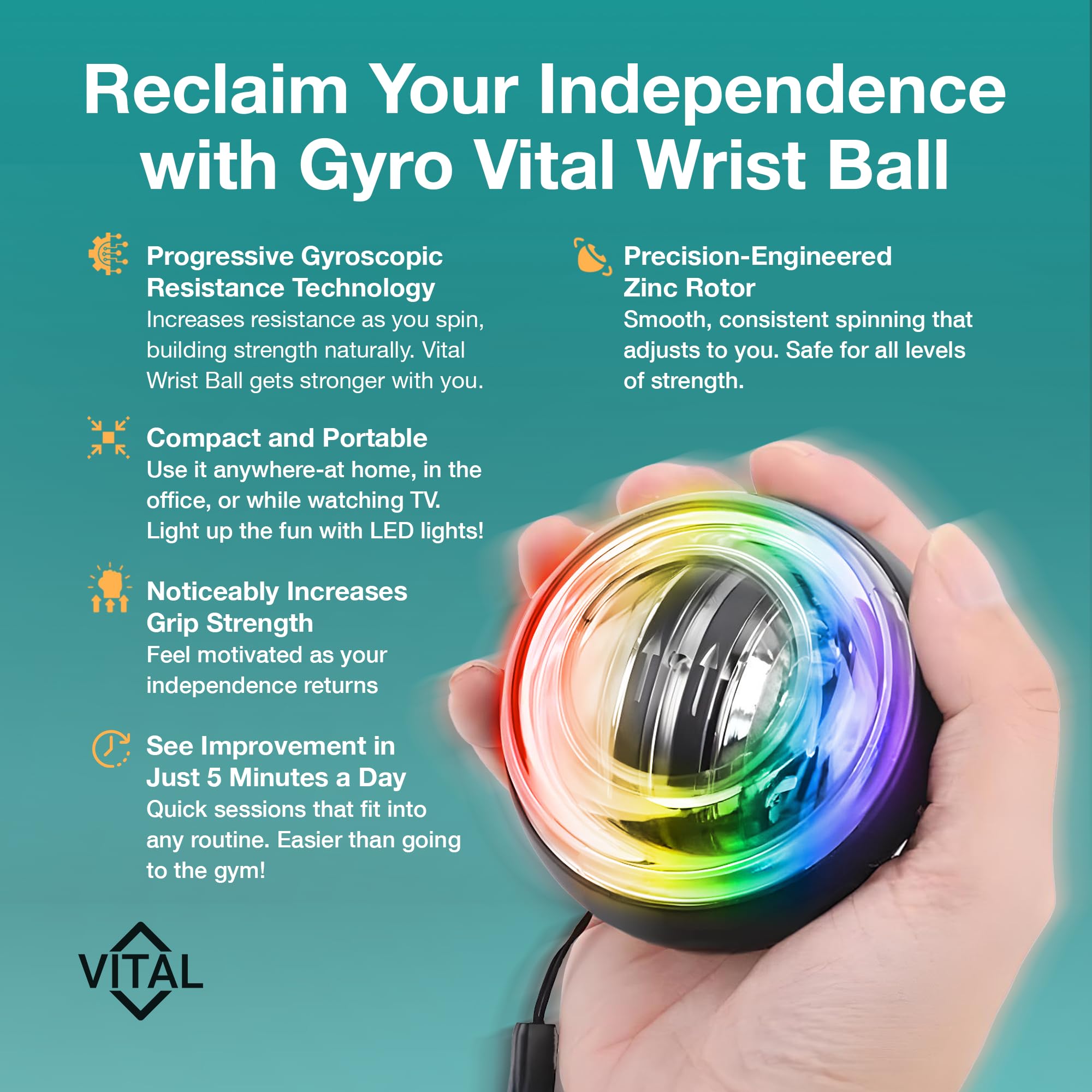 Vital Balle d'exercice pour poignet Gyroscopique pour la main et l'avant-bras avec rotor en zinc pour entraînement de force, exercice de poignet et bras Accessoire de fitness portable