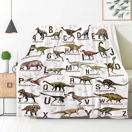 Miniatura 2 de Manta de franela con diseño del alfabeto de dinosaurio, ultra suave y acogedora, manta de forro polar ligera y mullida, manta de felpa cálida para
