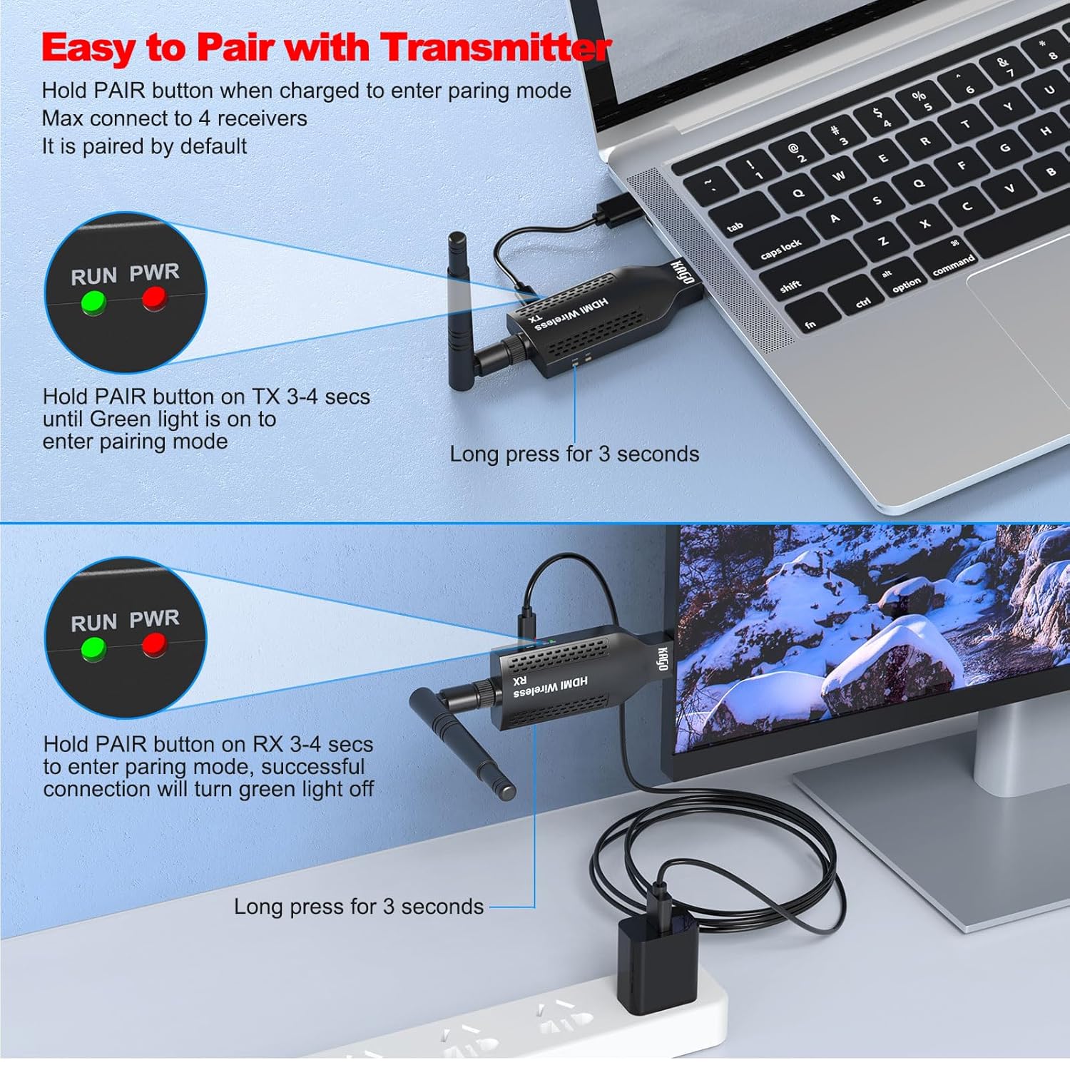 KAGO Wireless HDMI Transmitter and Receiver - HDMI Extender,Plug and Play, 1080P 150M/492Ft for Streaming Video Display/Projector from Laptop, PC, Netfix, PS5, TV Box - Image 8