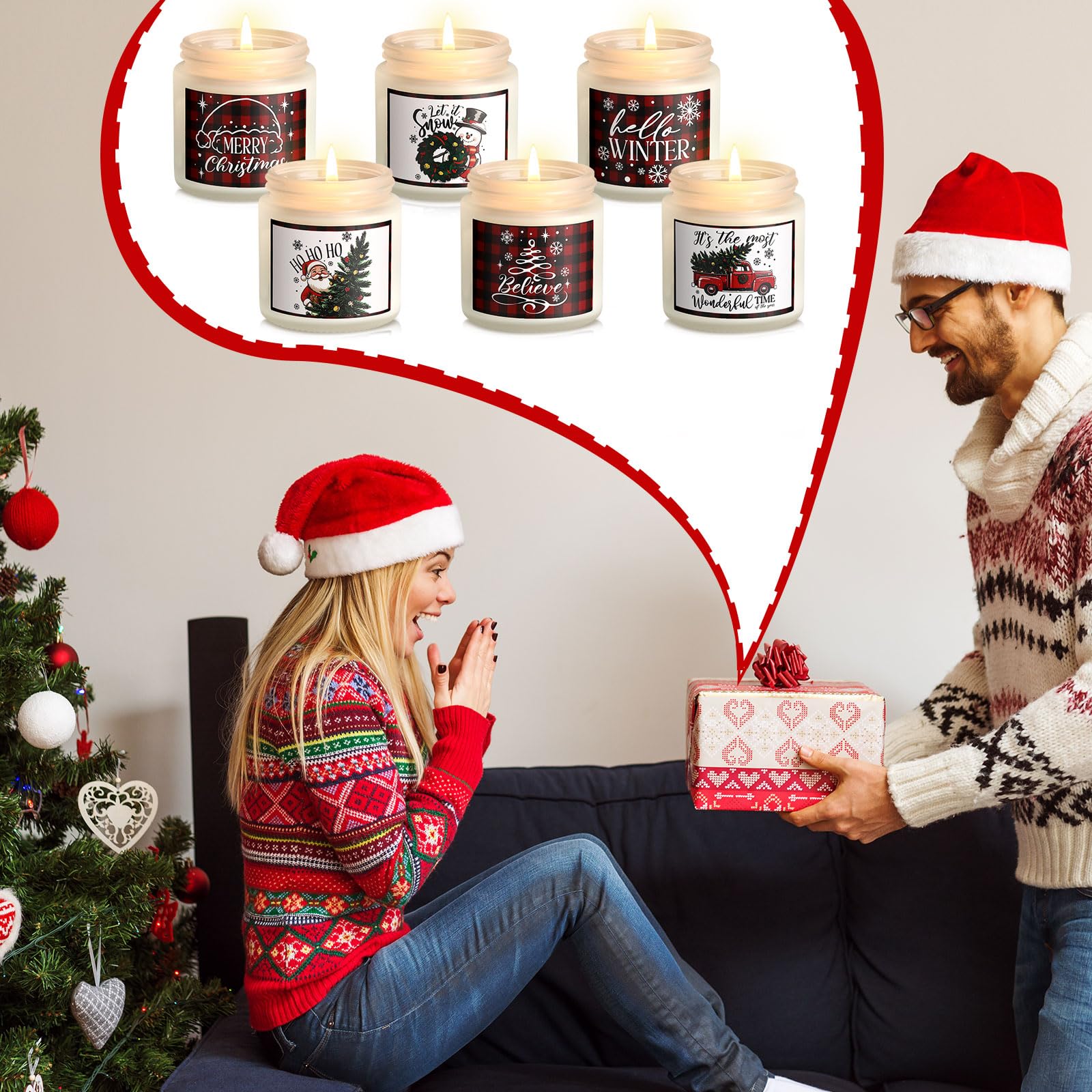 Conelist Lot de 6 bougies de Noël parfumées pour la maison, cadeaux de Noël pour femme, vacances d'hiver, pot de cire de soja naturelle, cadeaux d'aromathérapie, cadeaux pour femmes, hommes et adultes