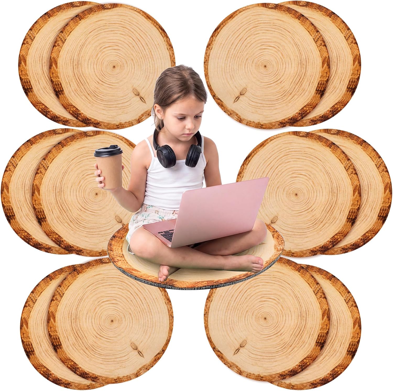 Capoda 12 Pieces Wooden Stakes Carpet Circle Seats - 15.57 Inch Round Floor Mats for Preschool Kindergarten Elementary Daycare Playroom Reading Room Nursery Bedroom Classroom Seating Rugs