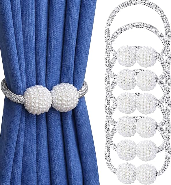 VEGCOO Magnetic Curtain Tiebacks Convenient Drape Tie Backs (6 Pack) - Pearl Decorative Rope Holdback Holder for Home, Office, Hotel Window Decoration, Pretty and Fashion (Grey)
