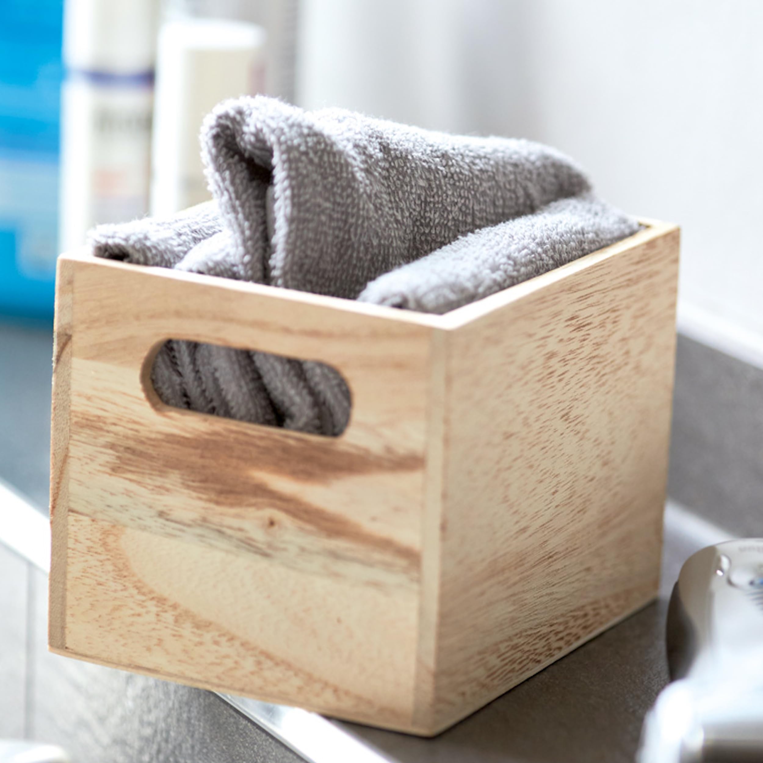 Juego de 4 toallas de invitados algodón 300 g/m² 31x28 cm caja de madera gris claro