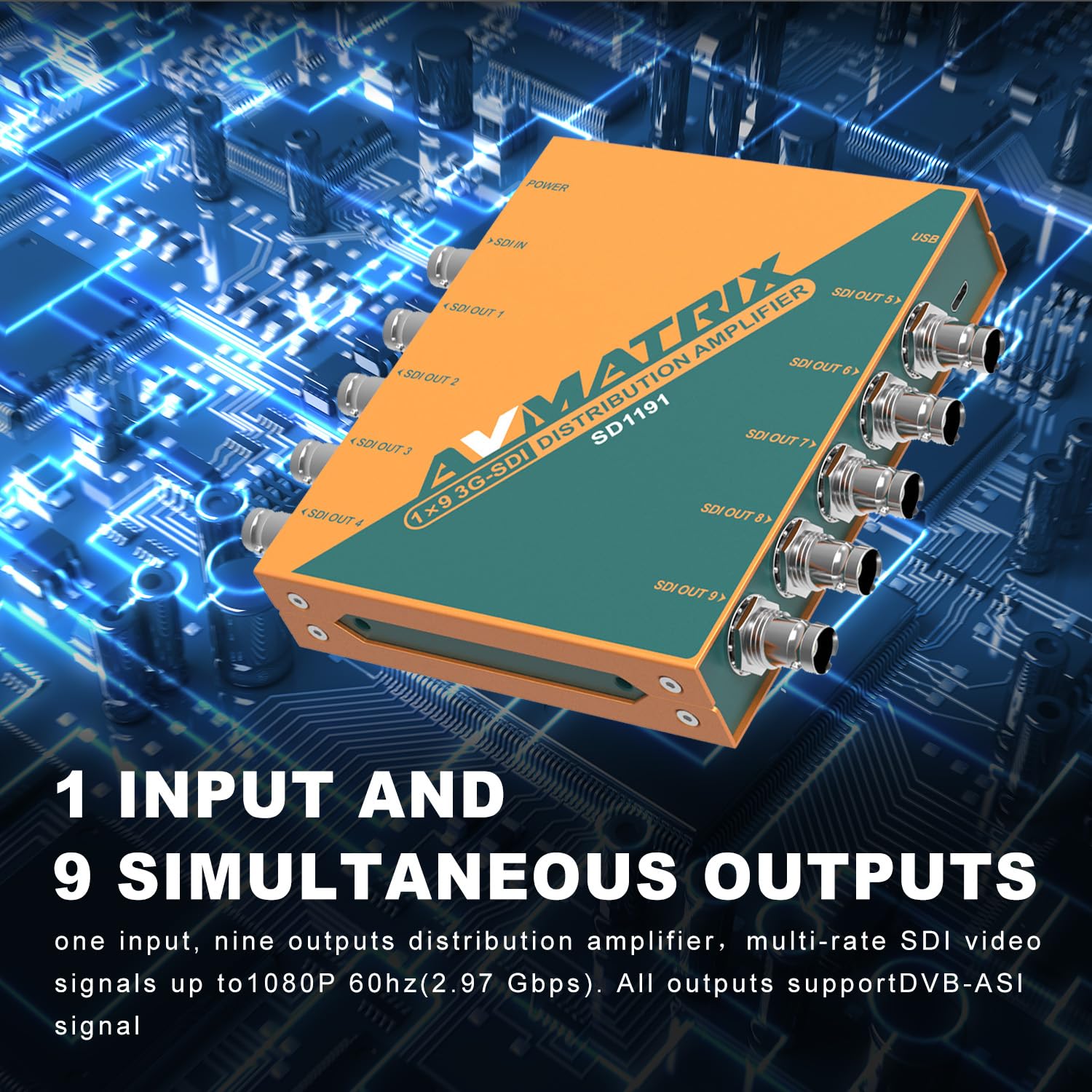 Avmatrix SD1191 SDI Video Splitter - 1 Input 9 Output Distribution Amplifier, 1080P Support