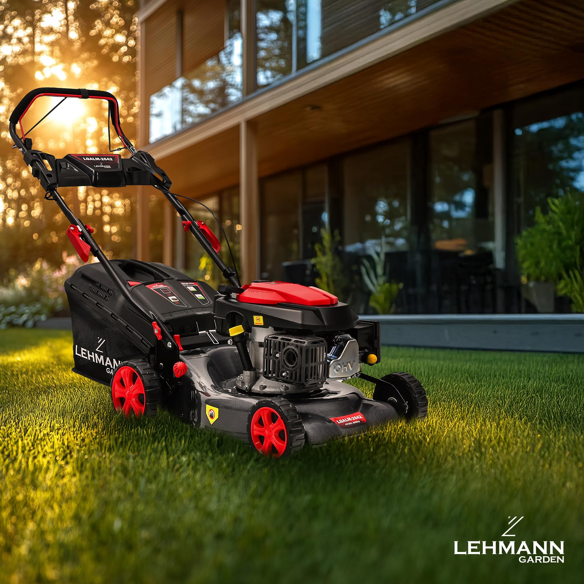 LEHMANN Tondeuse à Gazon Thermique Autotractée, 146 cm³ 2,6 KW, Largeur de Coupe 42 cm, 5 Niveaux 25-70 mm, 40 L Capacité de Ramassage, Surface Jusqu'à 2000 m², Carrosserie Solide en Carbone