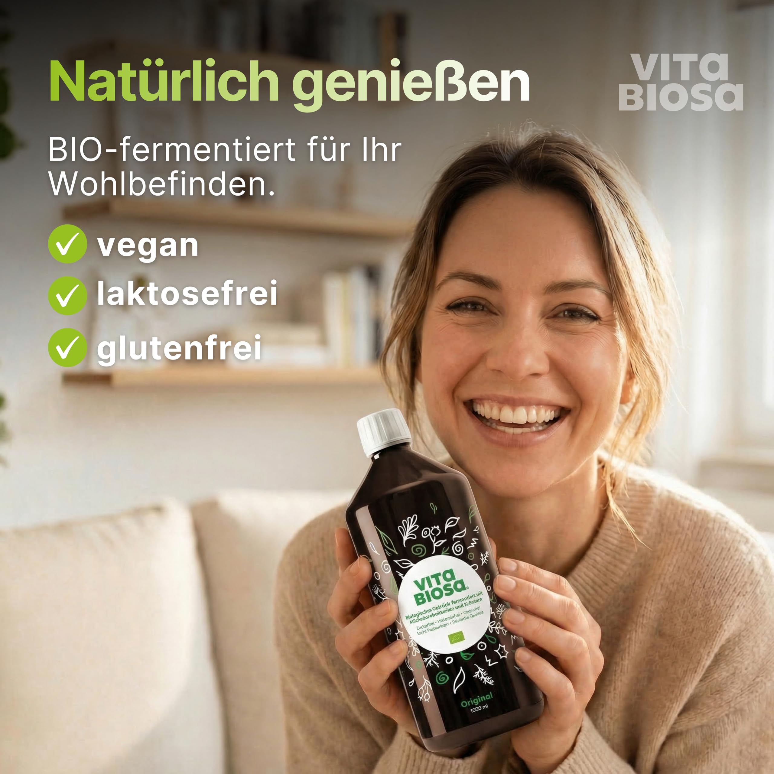 Vita Biosa Kräuter Bio Fermentgetränk 1 L – frisch und sauer – aktiven Milchsäurekulturen und 19 Kräutern aus kontrolliert biologischem Anbau – vegan, zuckerfrei, laktosefrei, Bio-Qualität