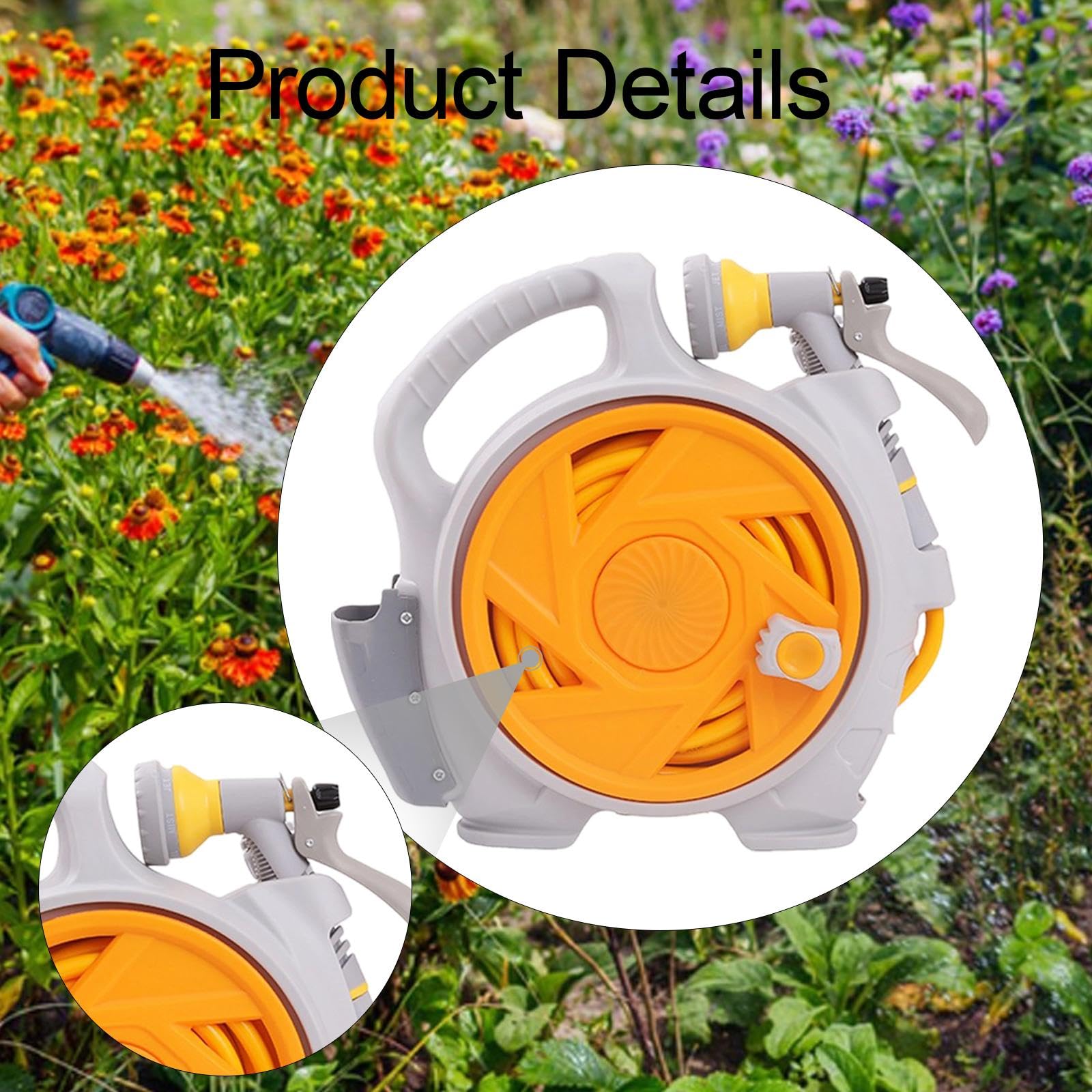 Carro Portamanguera de Jardín con Enrollador Compacto Organizador Soporte Pulverizador Material PP Adecuado para Lavado de Autos Limpieza de Ventanas, Amarillo