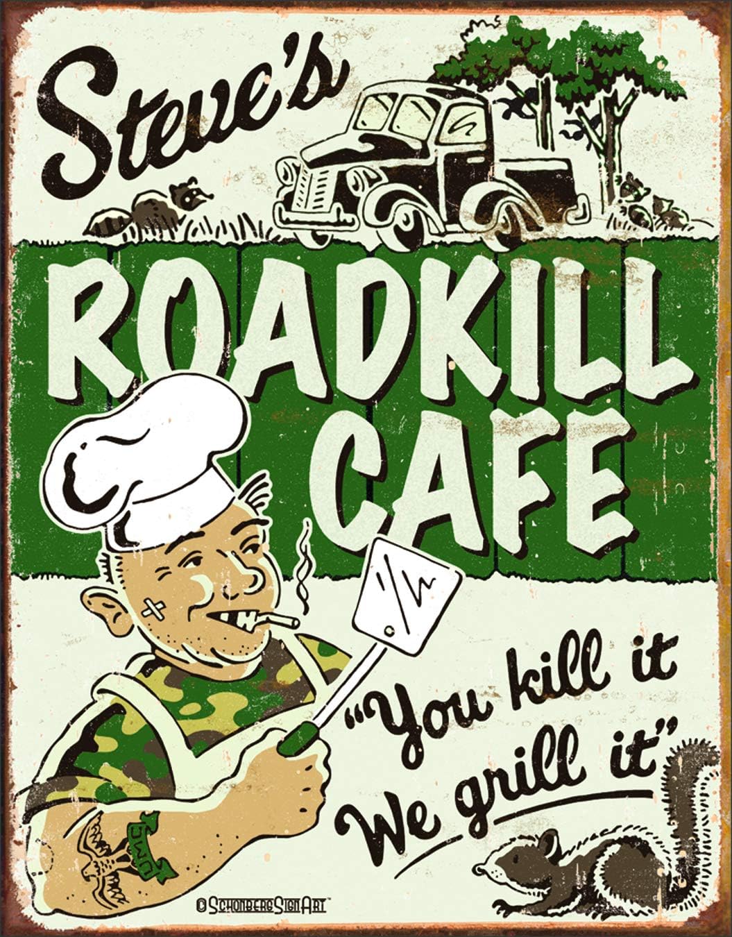 Desperate Enterprises Schonberg - Steve's Roadkill Cafe Tin Sign - Nostalgic Vintage Metal Wall Decor - Made in USA - 12.5" W x 16" H