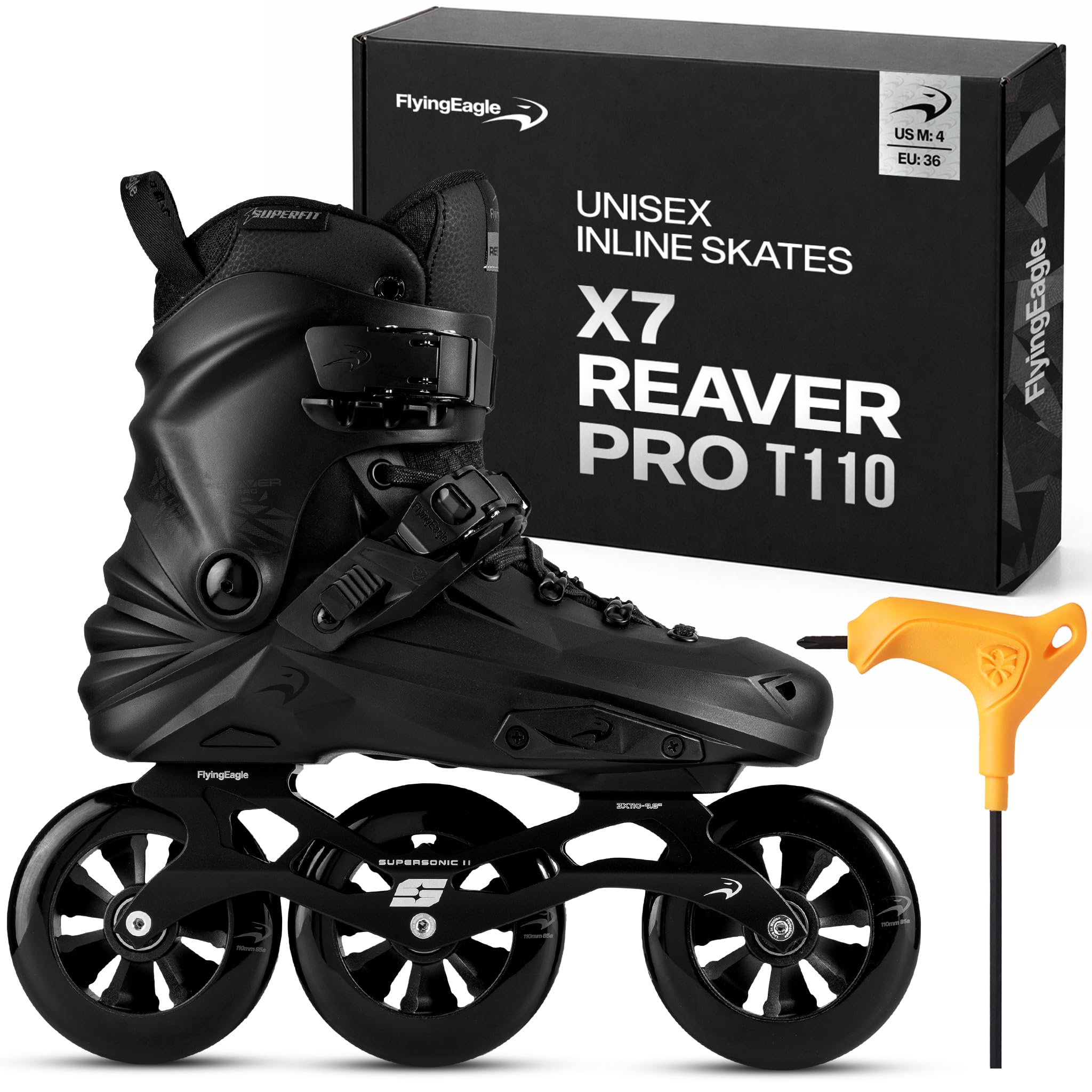 FlyingEagle X7T &amp; X7 Reaver Pro T110 Inline Skates for Men &amp; Women, 3 Wheel 110mm Hard Boot Freestyle Urban Inline Skates Adult with Aluminum Frame, Outdoor Freeskates for Stability and Control