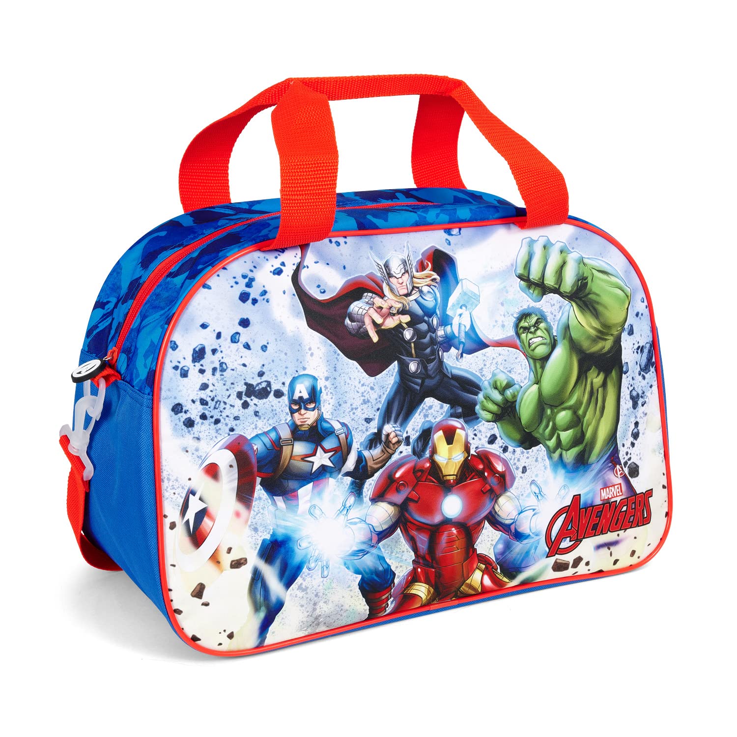 PERLETTI Borsone Palestra Bambino Marvel Avenger Blu Rosso - Borsa da Viaggio Bambini Supereroi Capiente Leggera - Borsa Sportiva Bimbo Palestra Piscina Danza Viaggi Tempo Libero - 28x41,5x21cm