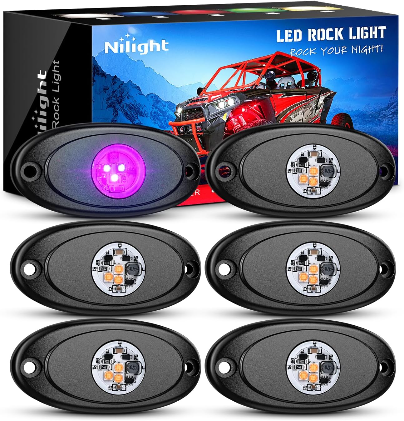 Nilight LED Rock Light 6PCS Pink Purple Underglow Wheel Well Fender Pods Waterproof Exterior Underbody Roof Rack Side Lamps for 12V 24V Car Truck Pickups ATV UTV SUV Motorcycle Boat