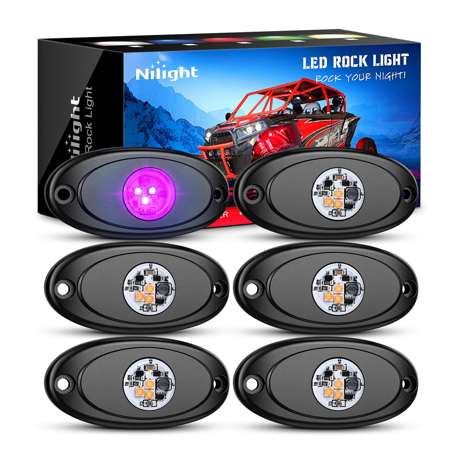 Nilight 6 PCS Pink Purple LED Rock Lights Underglow Wheel Well Fender Pods