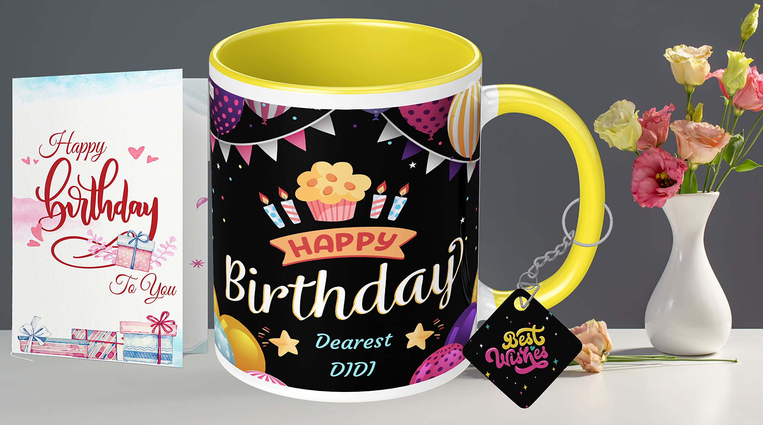 NH10 DESIGNS Happy Birthday Dearest Didi Printed Yellow Text Quote Family Name Printed Mug with Keychain and Greeting Card for Didi Written Mug Birthday Gift for Didi Mug Gift for Didi (HBD3TMKC 51)