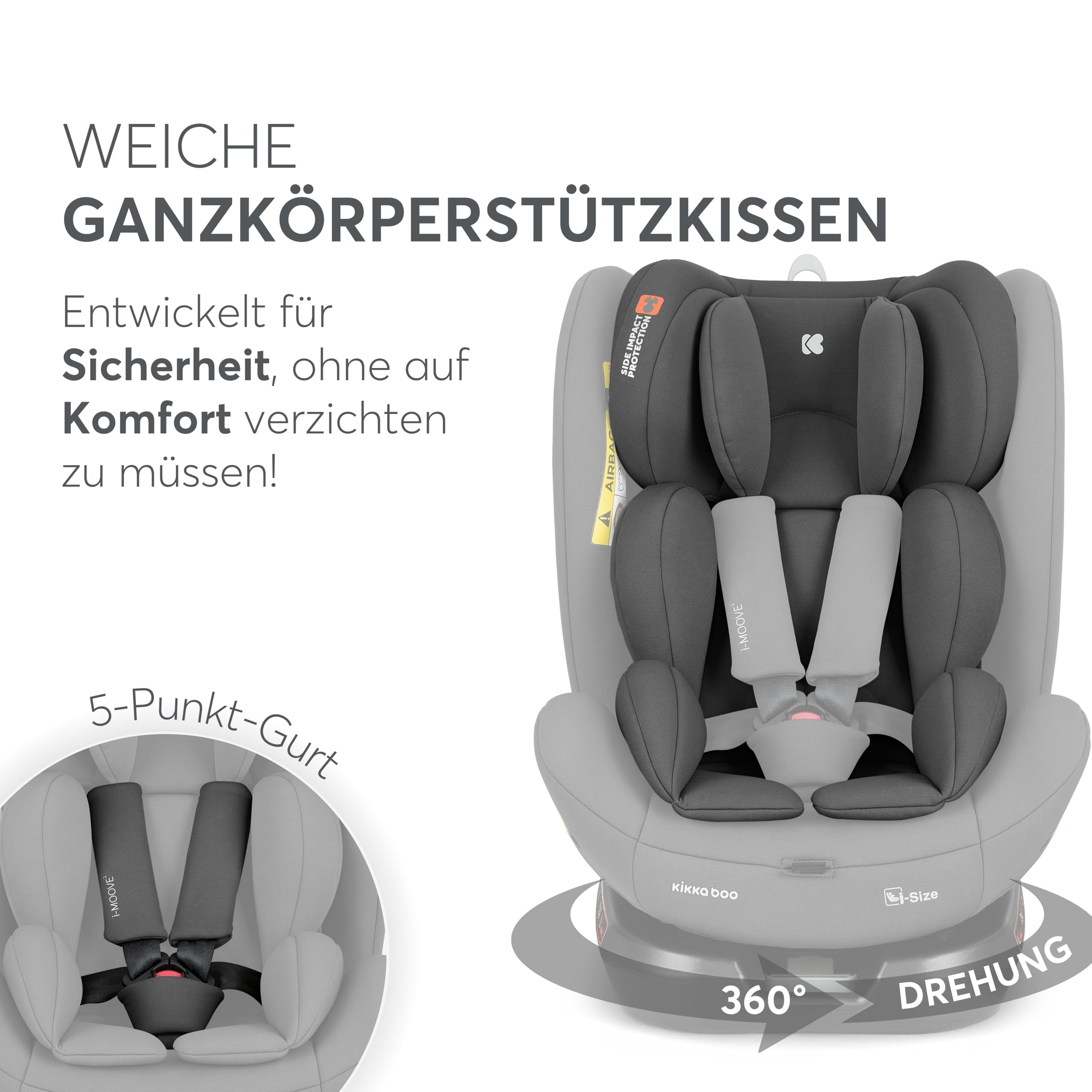 KikkaBoo Kindersitz 9-36 kg mit ISOFIX & 360° Drehung i-MOOVE 2, i-SIZE, 40-150 cm Reboarder, Rückwärts/Vorwärtsgerichtet, Verstellbare Kopfstütze, Liegefunktion, Dunkelgrau