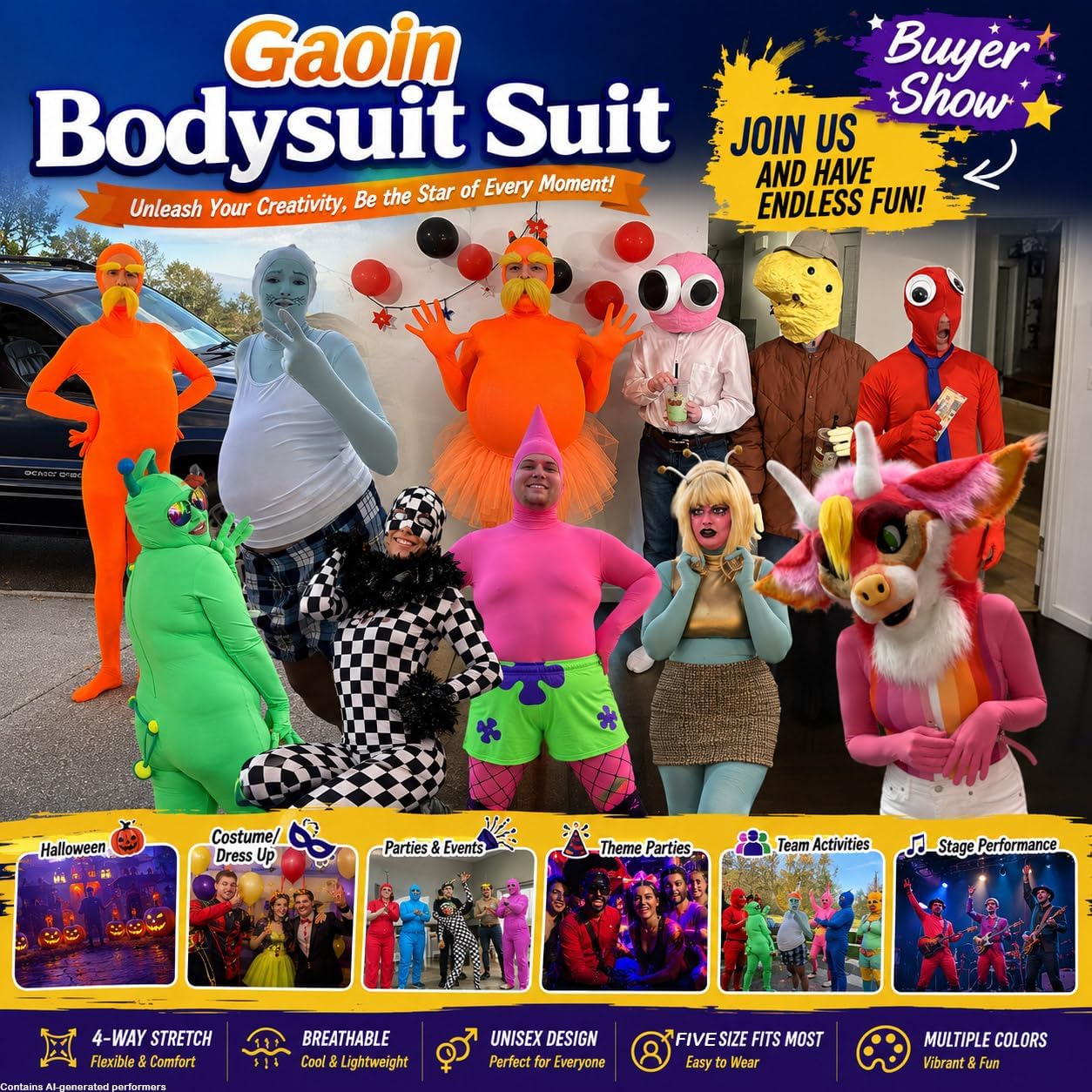 Men's and Women's Face Open Spandex Halloween Costumes Bodysuits