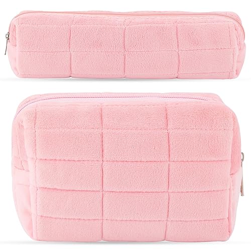 Miniatura 1 de Bolsa de maquillaje de felpa, 2 piezas, bolsa de cosméticos a cuadros, pequeña bolsa de maquillaje para bolso, bolsa de maquillaje rosa con soporte