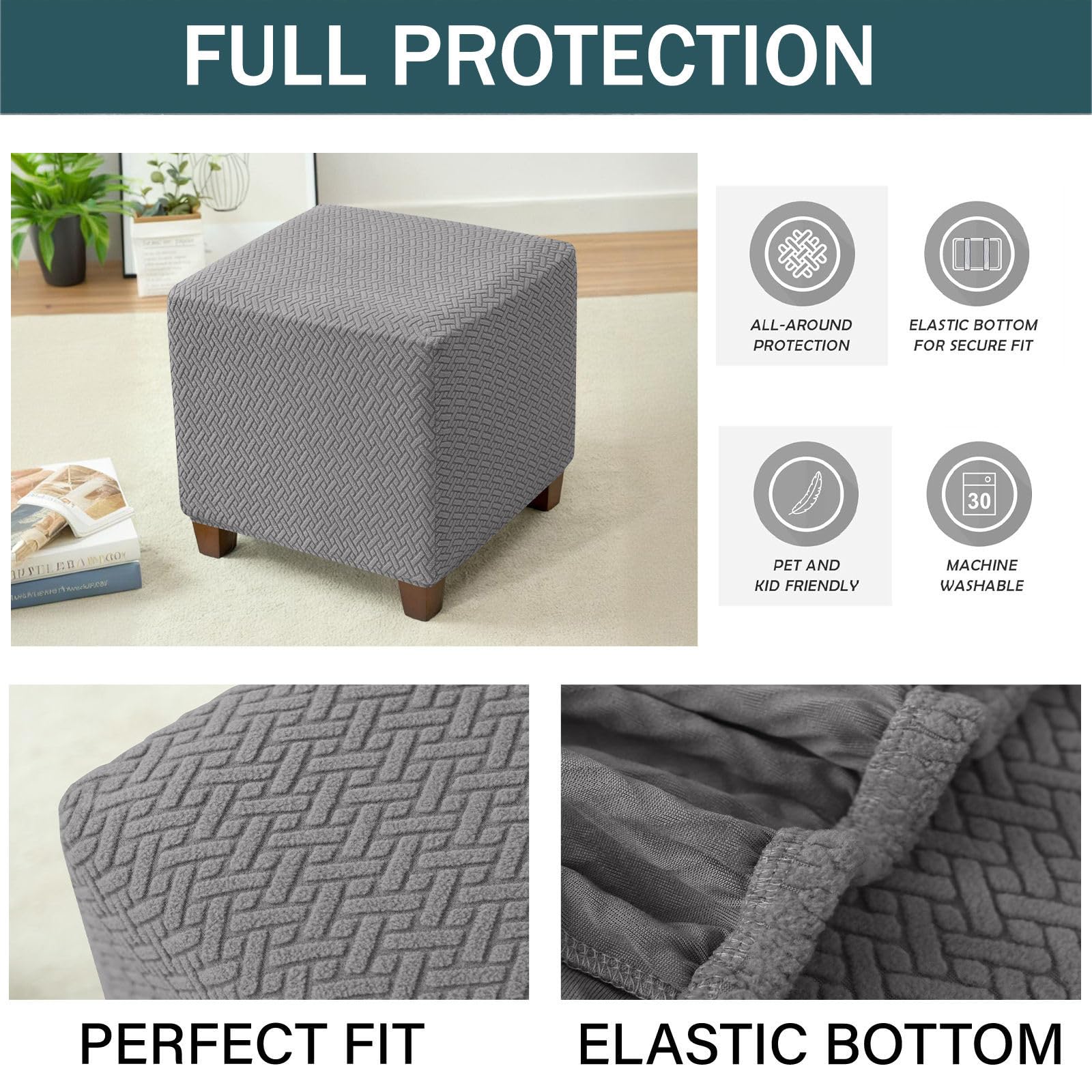 Copri Pouf Quadrato Elasticizzato per Soggiorno-grigio chiaro | Protezione per Poggiapiedi Ottomano Spessa e Lavabile,Resistente all'Usura, Antipolvere e contro i Peli di Gatti e Cani