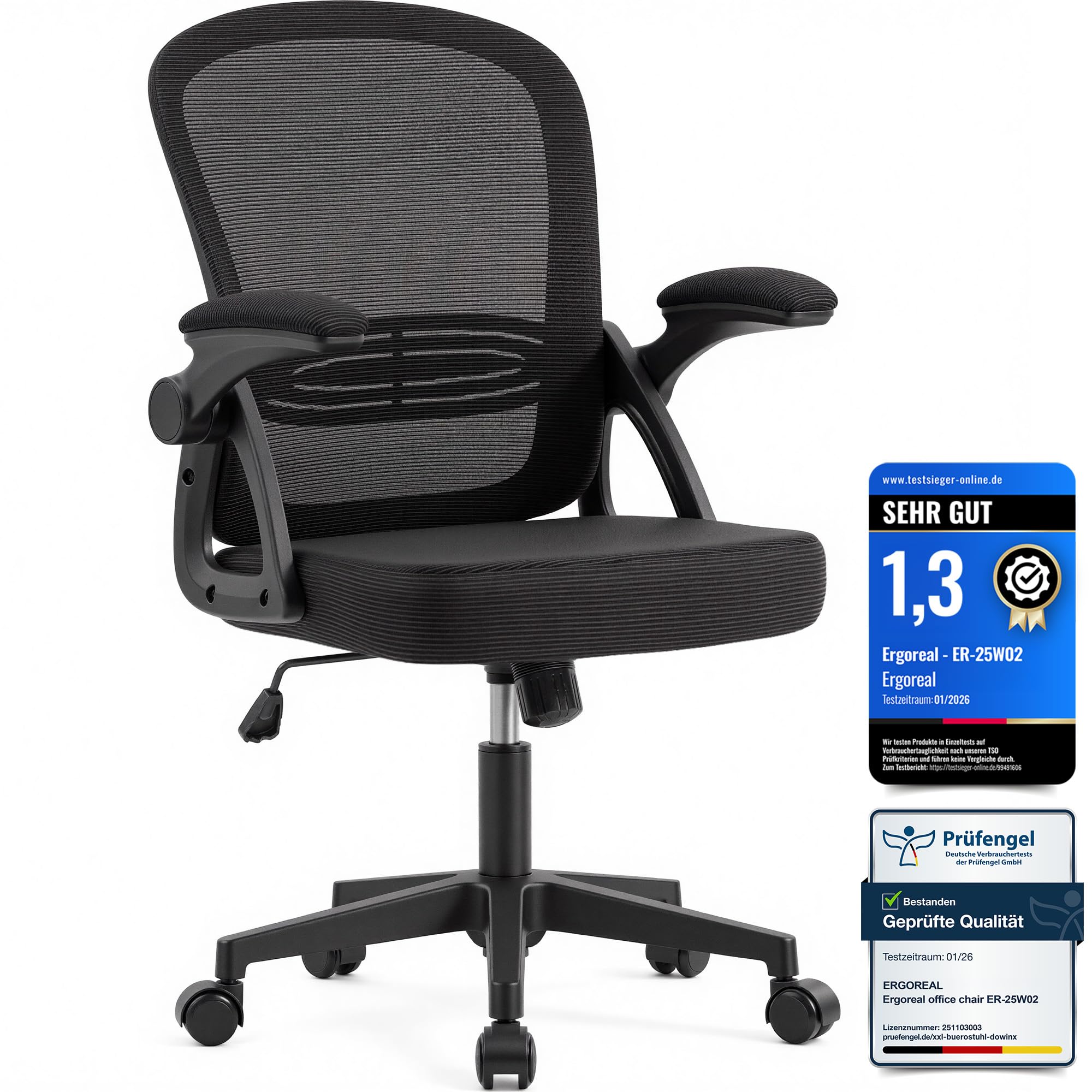 Ergonomischer Bürostuhl, 90-110° Verstellbare Rückenlehne & Aufklappbare Armlehnen (90°), Bürostuhl mit Rollen & Höhenverstellung,Homeoffice & Arbeitszimmer (Tiefe Schwarz)