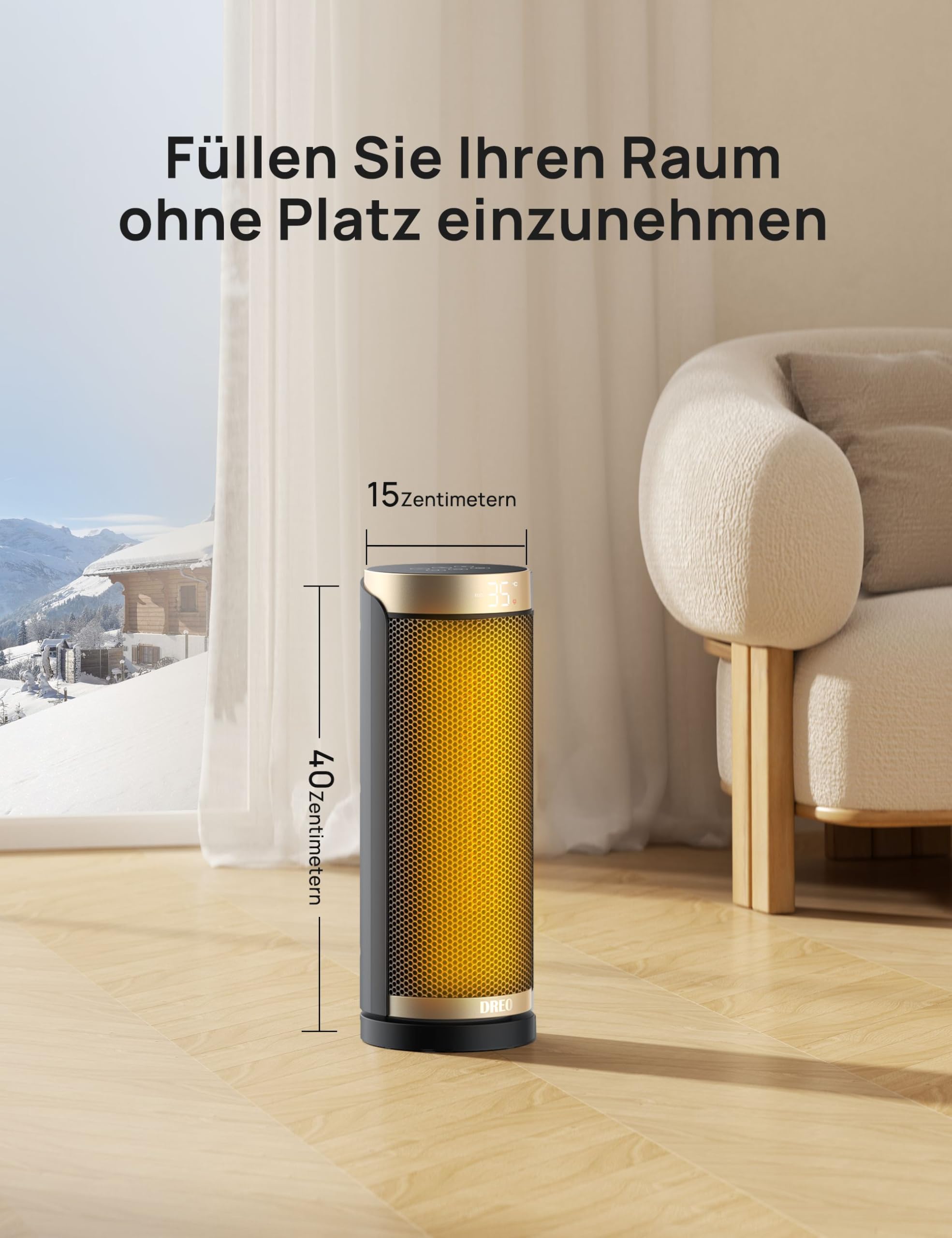 Dreo Solaris Slim H3 PTC Keramik Heizlüfter, 70° Oszillierend, 12-Std-Timer, 3 Modi, Überhitzungsschutz