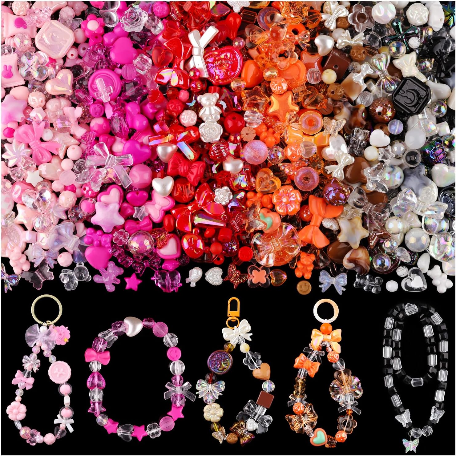 400-450PCS TINKRSTUFF Assorted Acrylic Beads For Bracelet Making, Cute Bead For Jewelry Making Flower Bow Butterfly Candy GummyBear Kawaii Aesthetic Beads, DIY Necklace Keychain Phone Charms(6 Colors)